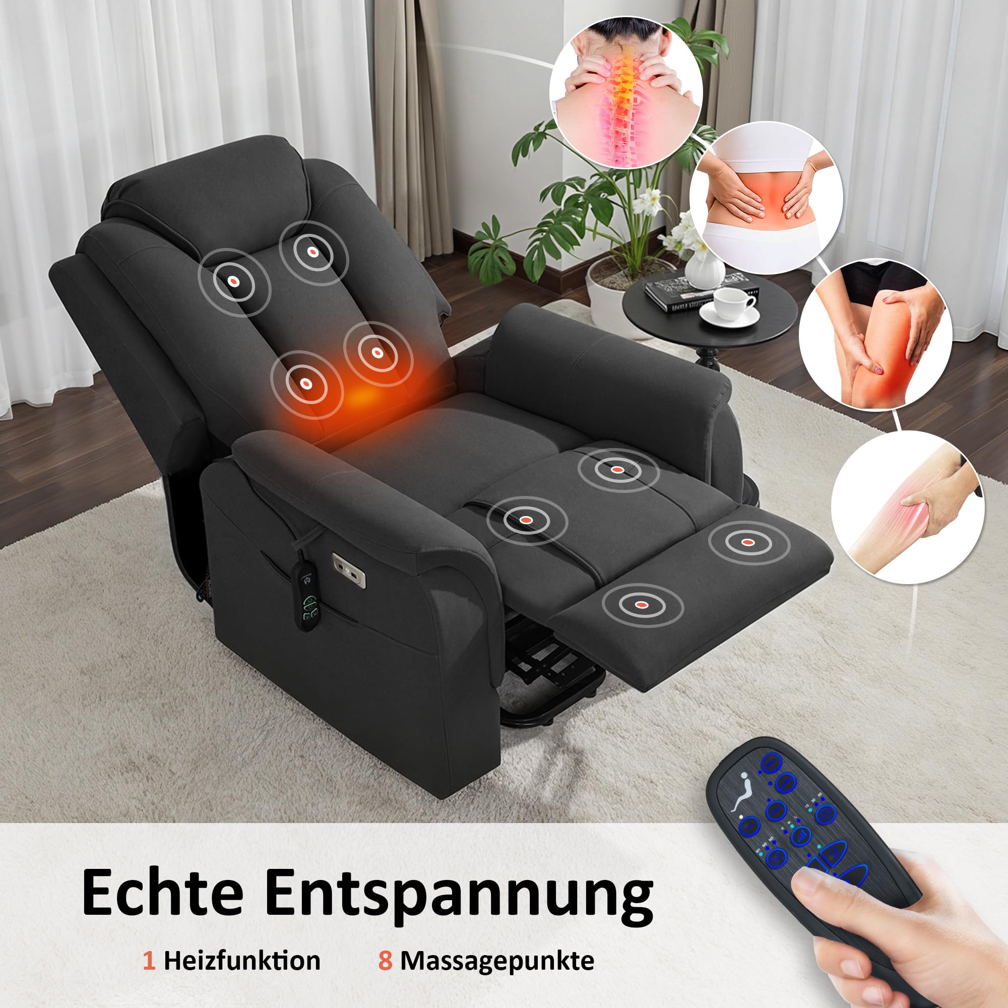 MCombo M poltrona da tv con assistenza elettrica per alzarsi, 2 ruote per mobilità, massaggio e riscaldamento, poggiatesta regolabile, cuscino in schiuma 35D 7269 (Grigio scuro-Microfibra)