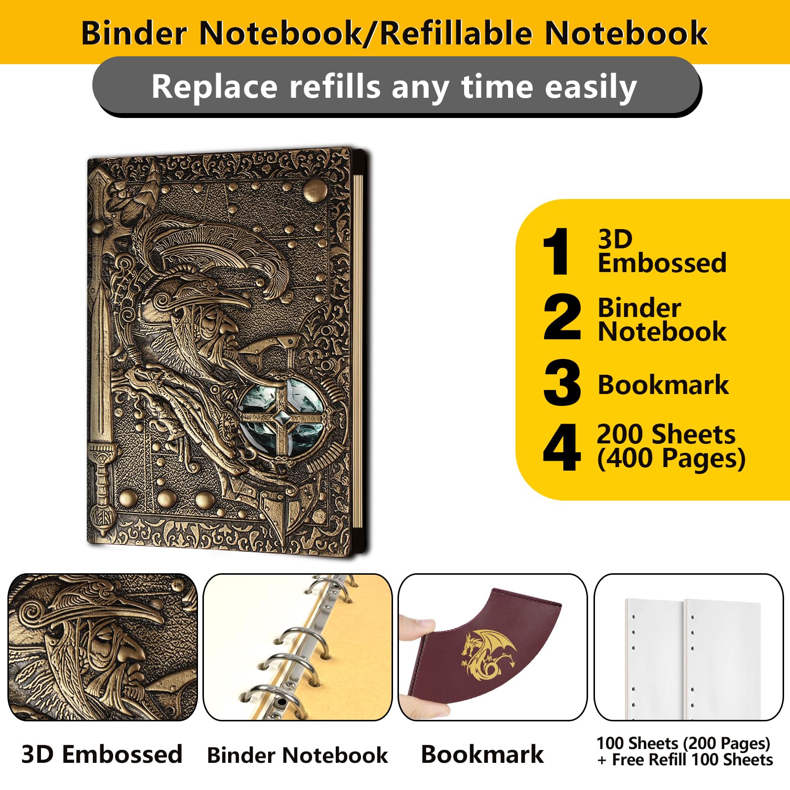 DDFE - Diario DND, Quaderno in Pelle 3D in Rilievo, Libro Vintage da 400 Pagine con Raccoglitore Ricaricabile a 6 Anelli per Accessori di Dadi Dungeons and Dragons D&D, Giochi di Ruolo, Ottimi Regali