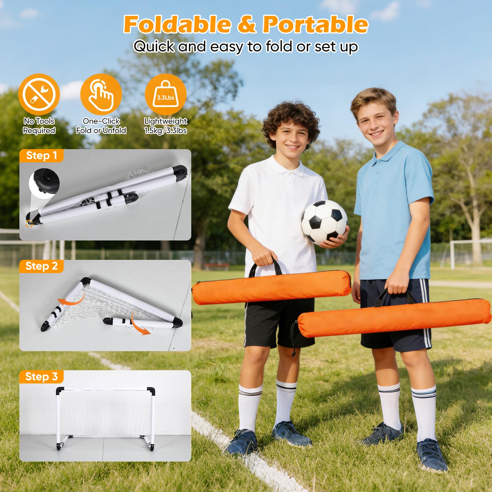 Set di 2 porte da calcio per bambini - Porte da calcio con pratica borsa per il trasporto, giochi all'aperto per bambini con pallone da calcio, pompa ad aria, 8 picchetti di ancoraggio