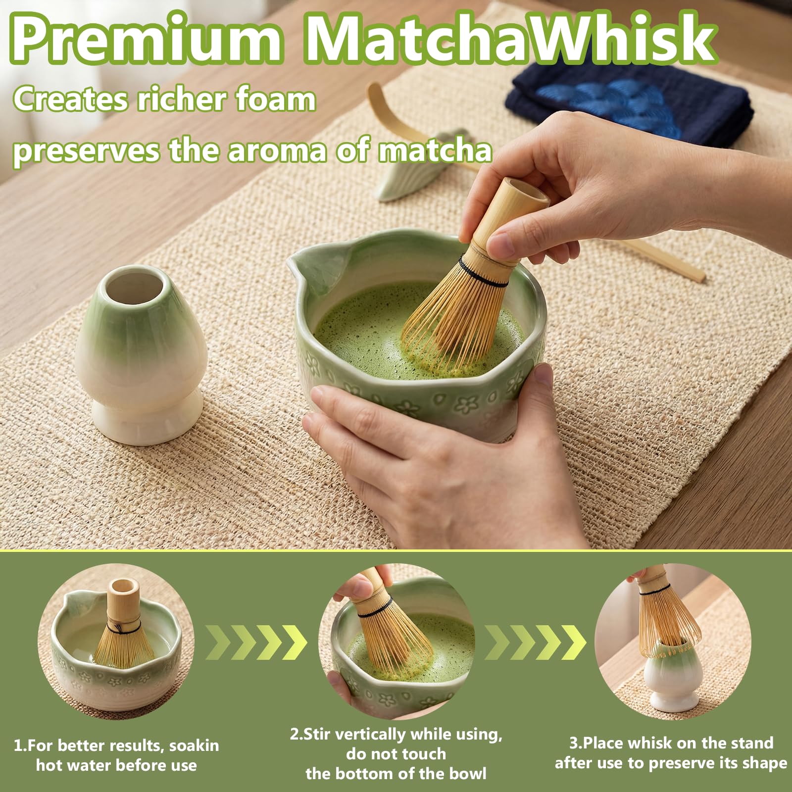 8 pezzi Matcha Kit, Matcha Set design a fiori di ciliegiocon Frusta Matcha, Ciotola, Cucchiaio, Filtro, Supporto, Kit Matcha completo per cerimonia, Elegante Set per Amanti del Matcha(Verde Sfu
