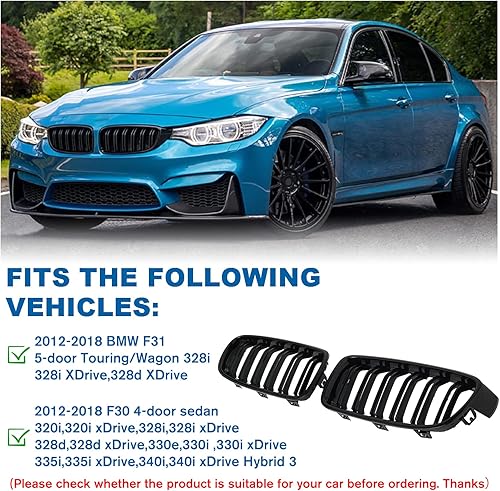 Miniatura 158 de Rejilla frontal negra brillante compatible con BMW Serie 3 G20 2019 2020 2021 2022 316i 318i 320i 328i 330i 330i 335i 340i Doble lamas negro