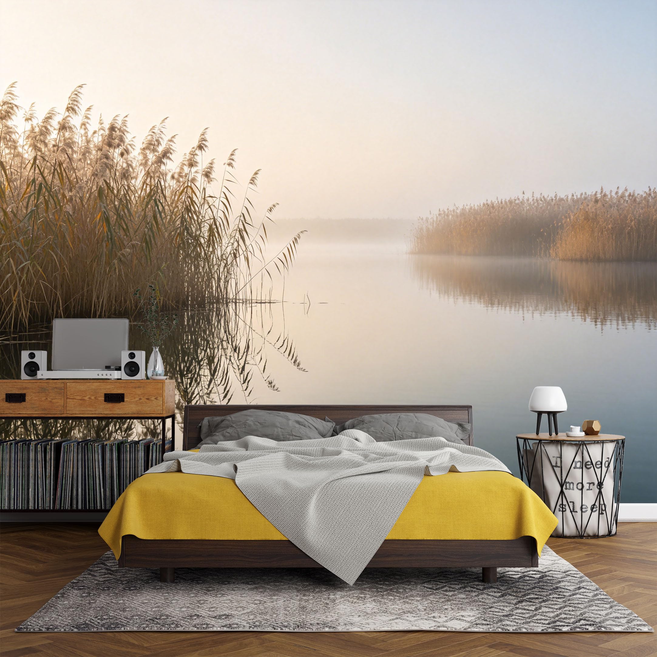 Custom Size Wall Mural， Landscape Misty Lake Reed Reflection Tranquil Morning Water Scene，SelfAdhesive Art Prints wall Fabric (No PVC) Removable Wallpaper Living Room Decor