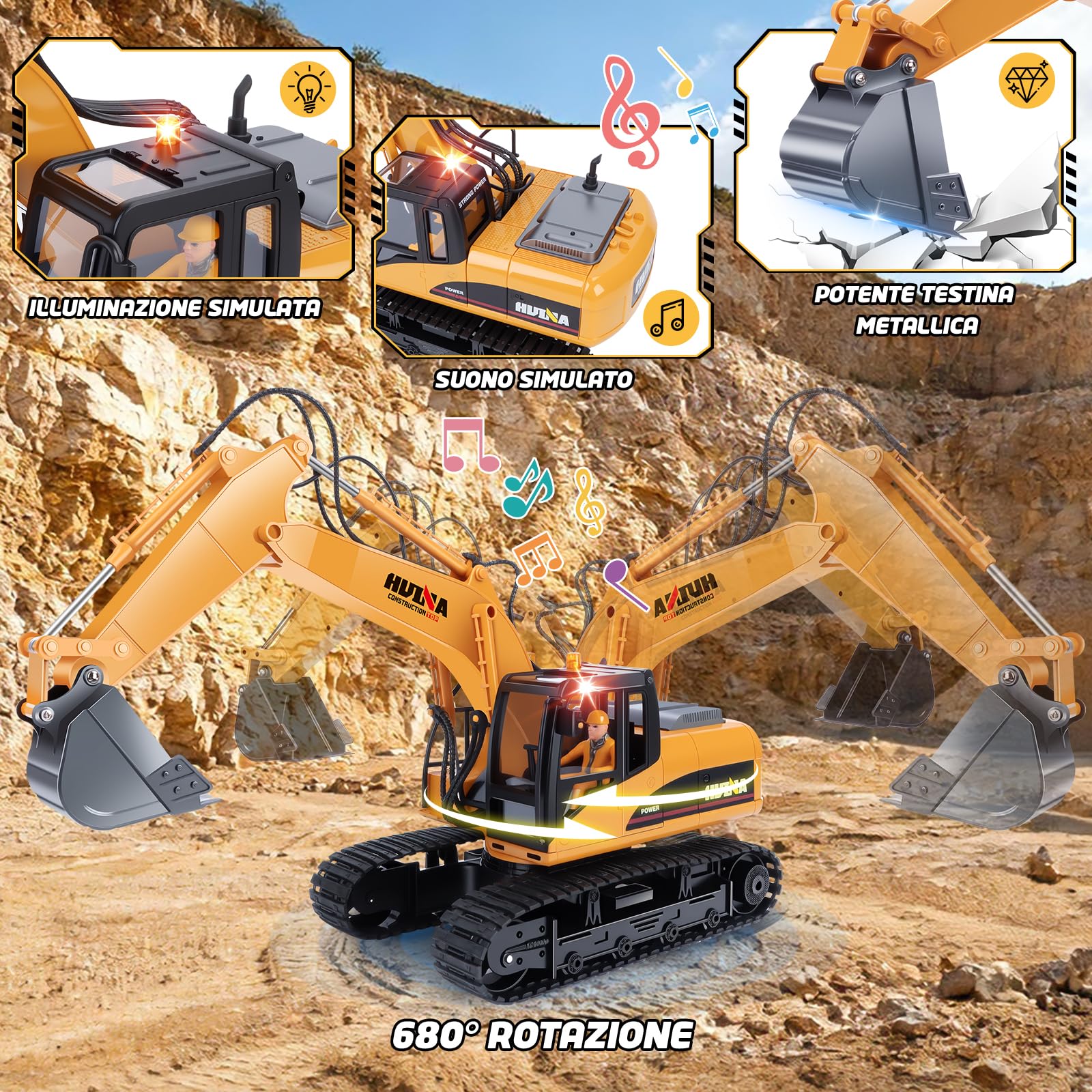 FORMIZON 2.4G Hz 15CH Escavatore Radiocomandato Benna, Martello Idraulico, Presa per Legno 3-in-1 Metallo Accessori Ruspa Escavatore Giocattolo Regalo Bambino 8 9 10 11 12 Anni Maschio