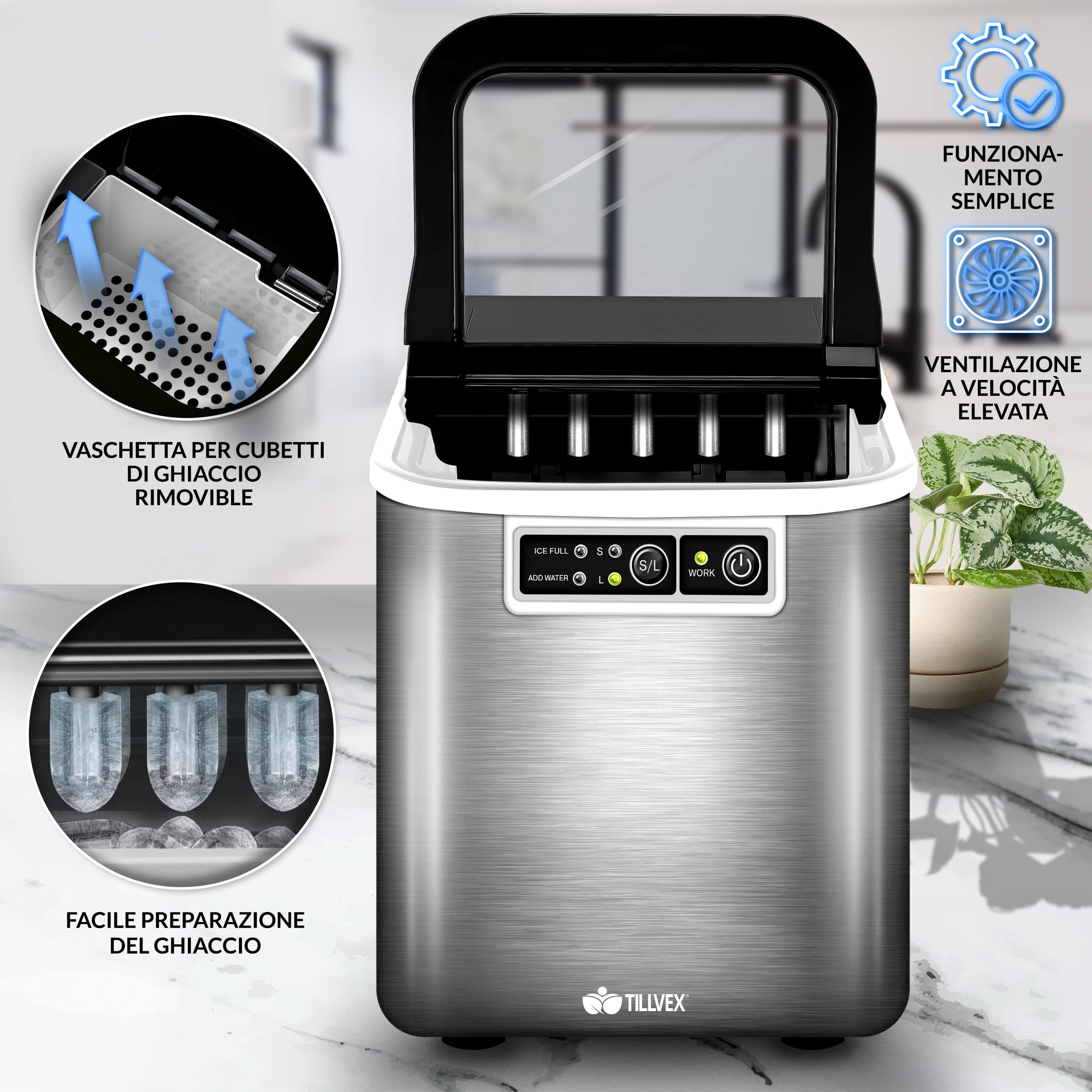 tillvex Macchina per Ghiaccio 12 kg - 24 h | da Casa in Acciaio Inossidabile | Professionale | 2,2 L Serbatoio d'Acqua | Display LED, Autopulizia | 2 Misure di Cubetti