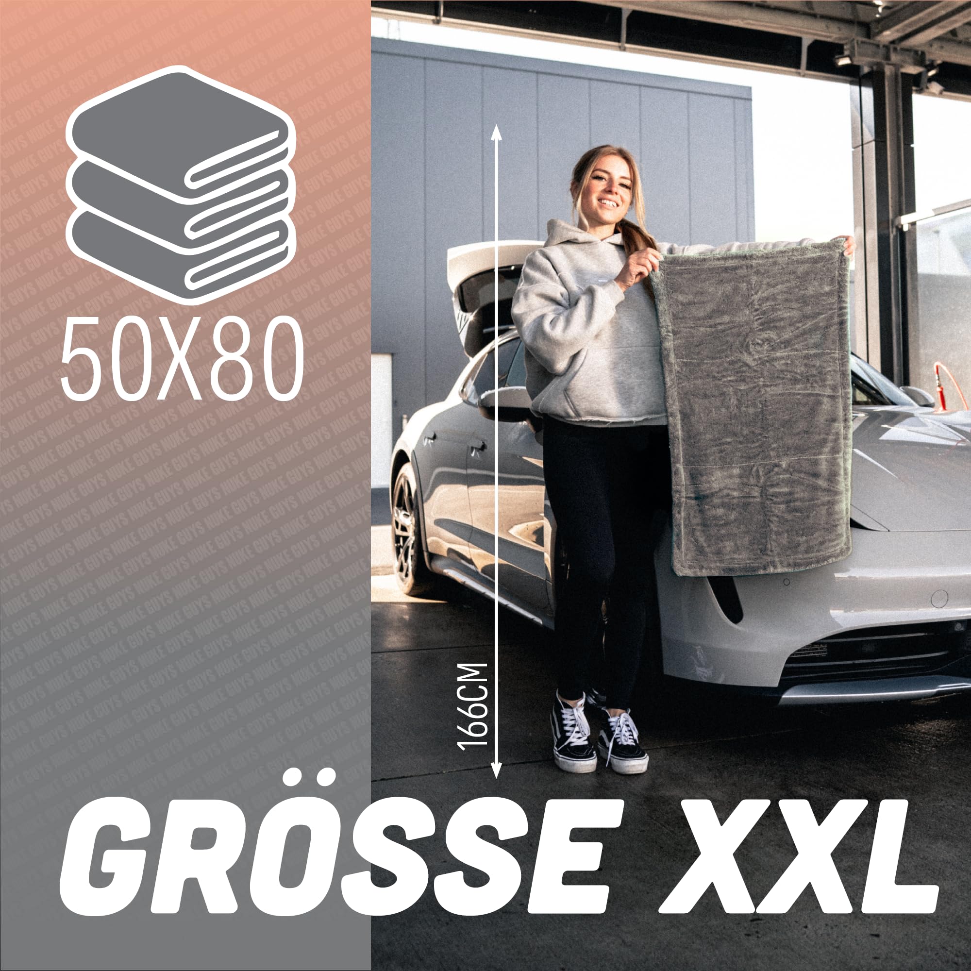 Nuke Guys Gamma Dryer XXL | Chiffon Sec Ultra-Absorbant 1400 g/m² Gris 50 x 80 cm | Non Pelucheux, Fibres Douces, sans Rayures, Extra-Large | Microfibre de qualité supérieure pour Voiture, Moto, vélo