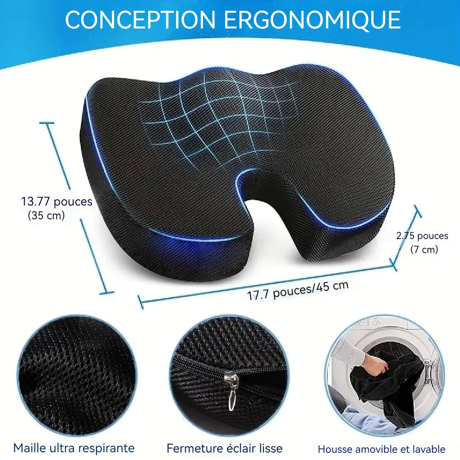 Coussin de siège 45x35x7cm orthopédique Ergonomique Coussin de Coccyx en Mousse à mémoire réglable pour siège de Voiture et Bureau