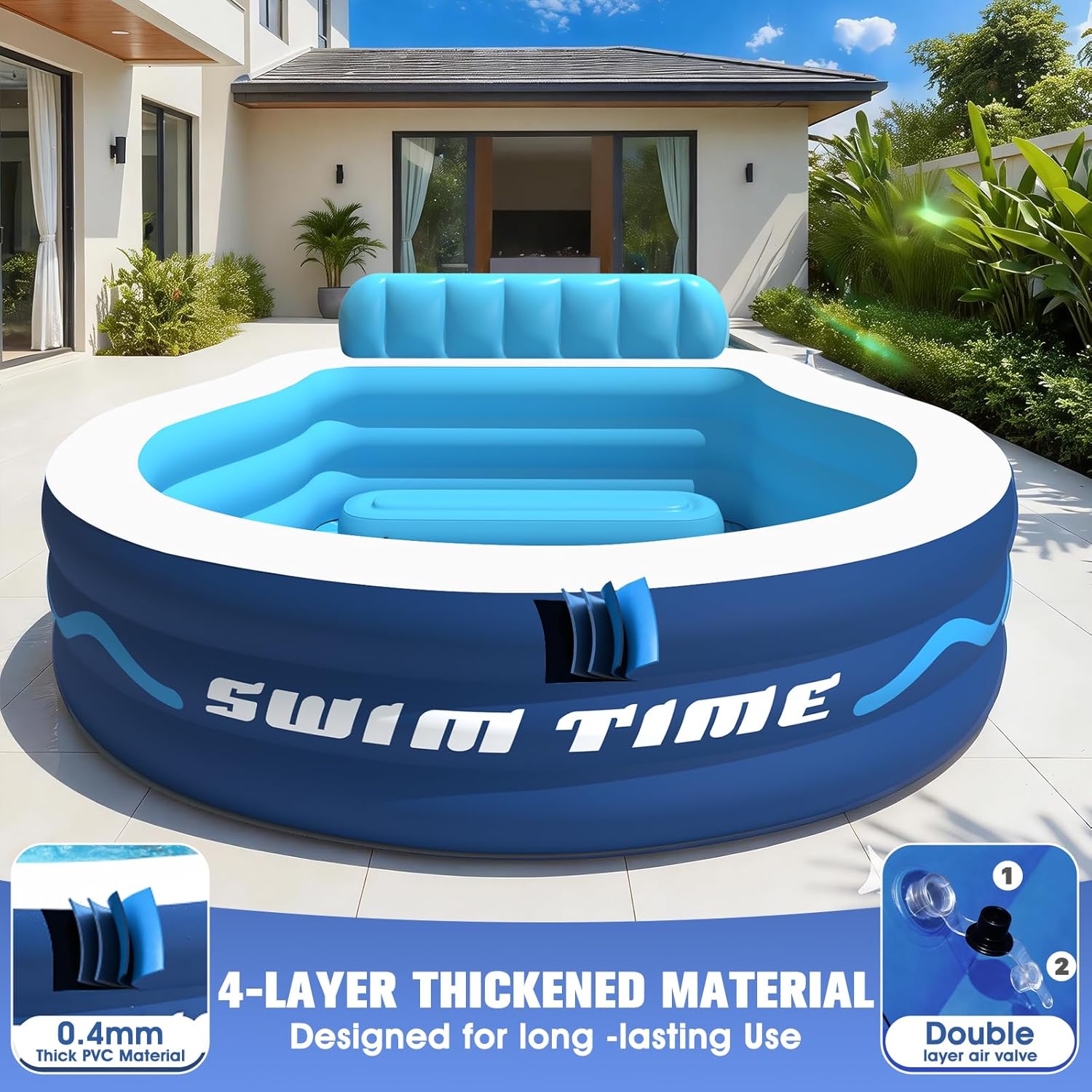 Inflatable Pool with Seats and Headrest,Oversized Thickened Large Blow Up Pool for Audlt,Inflatable Backyard Pools for Adult,Durable Swim Center Inflatable Family Lounge Pool 90"×90"×20"-White