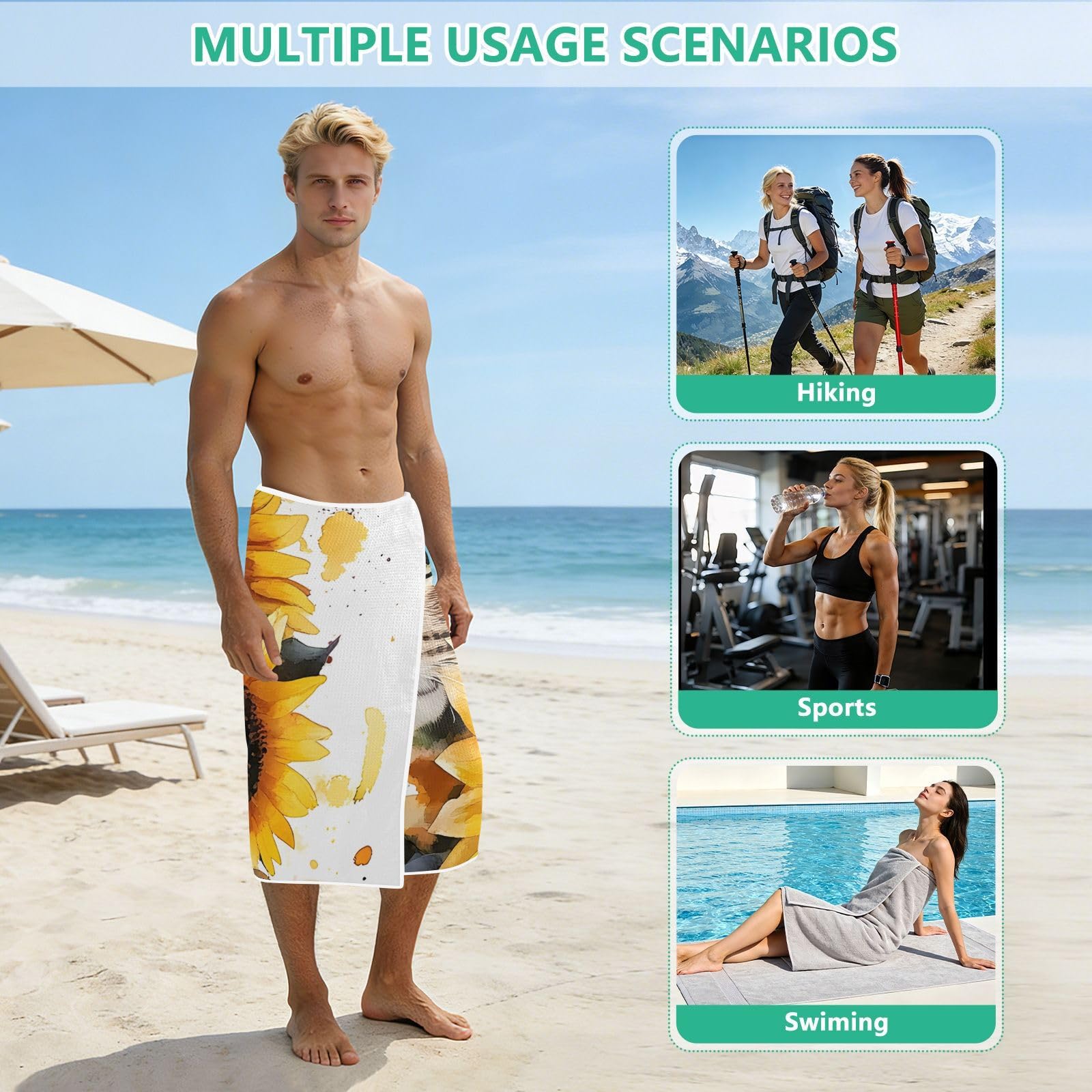 Grandes serviettes de plage avec sacs en maille pour adultes, serviette de bain chat tournesol avec fermeture magnétique, anti-sable, serviette à séchage rapide pour piscine, camping et voyage