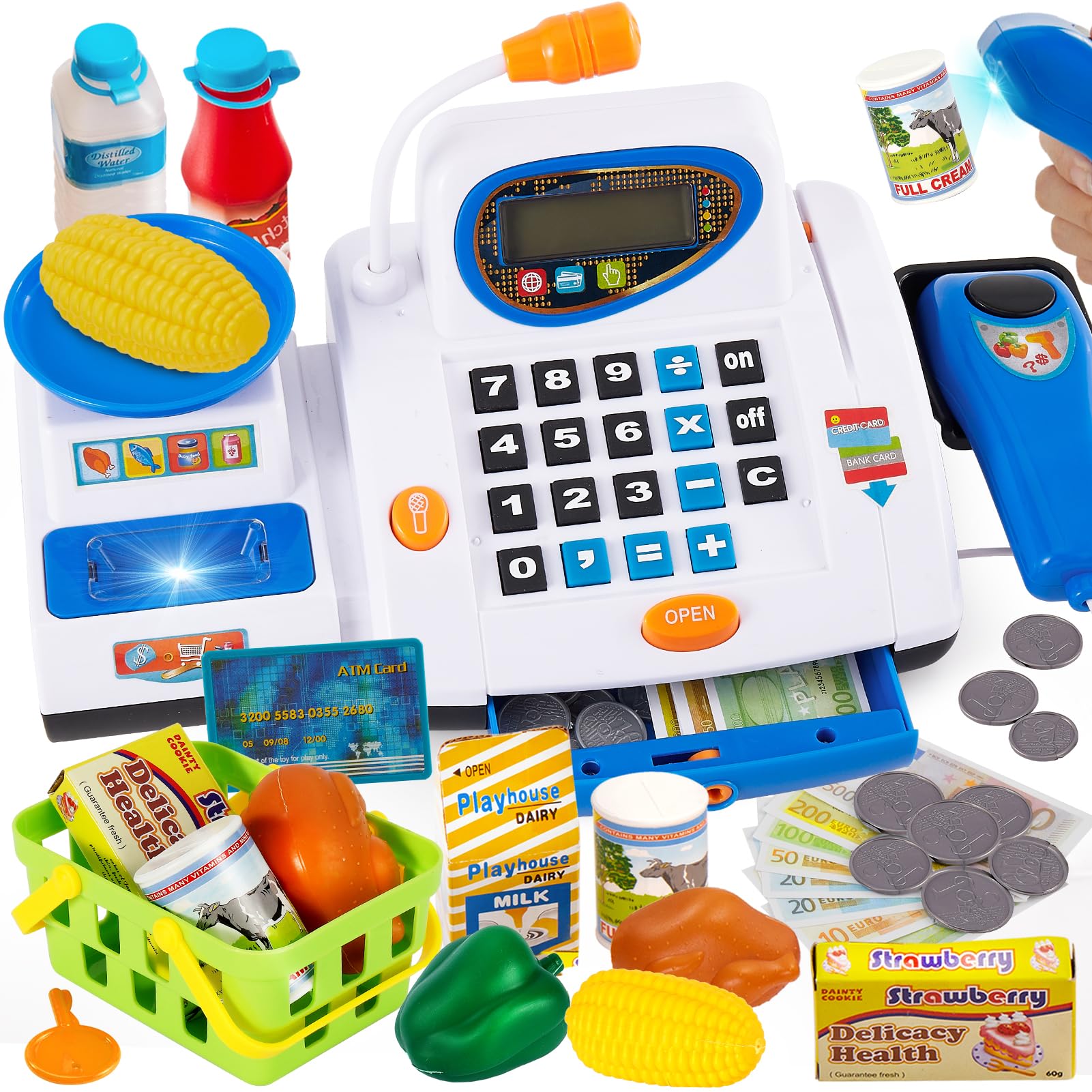 HERSITY Große Kinderkasse, Spielzeug Kasse mit Scanner und Sound, Spiel Supermarkt Kinder Kaufladen Zubehör Rollenspiel Geschenk Jungen Mädchen 3 4 5 Jahren