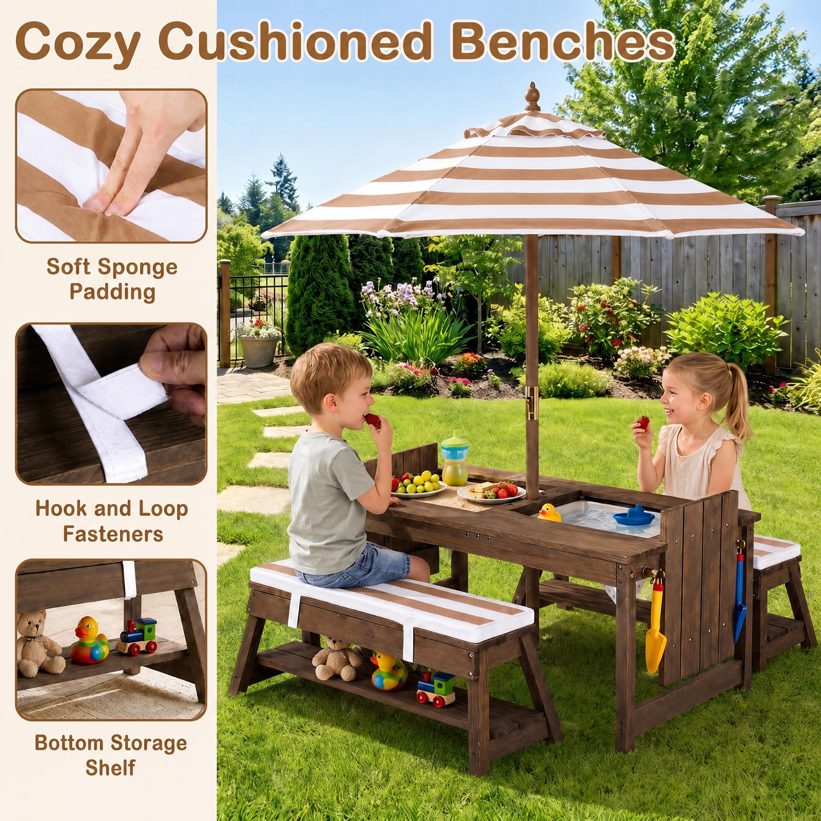 LIFEZEAL 3 in 1 Tavolo da Picnic per Attività con Acqua e Sabbia (Cachi) | Set con Tavolo e Panche per Bambini con Ombrellone Rimovibile e Regolabile, Piano Rimovibile, 2 Scatole da Gioco, per 3+ Anni