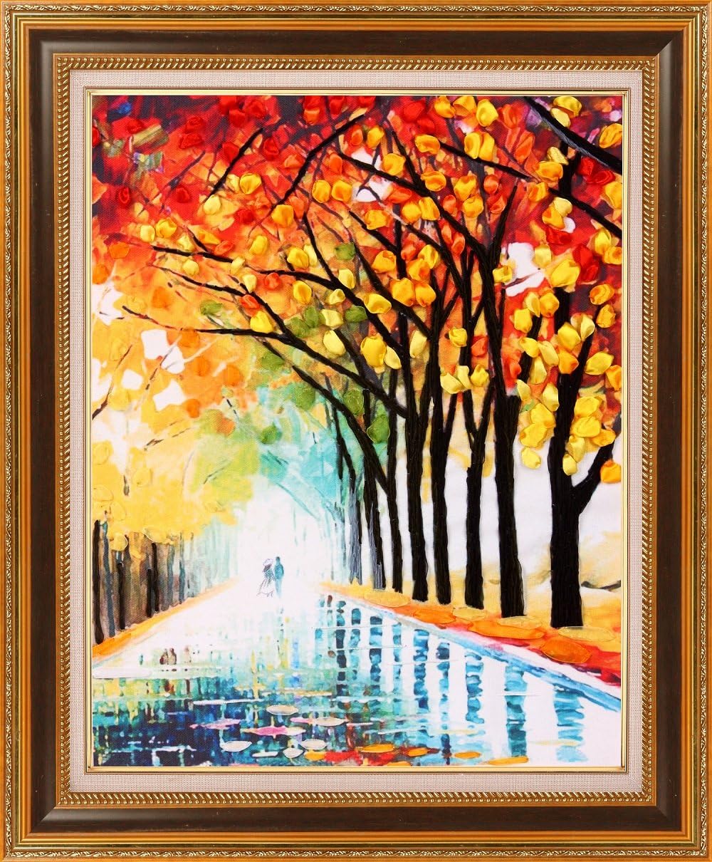 Ribbon embroidery Kit,Fanryn 3D Silk ribbon embroidery Rain and autumn pattern design Cross Stitch Kit Embroidery for beginner DIY Handwork Home Decoration Wall Decor 45x55cm (No frame)