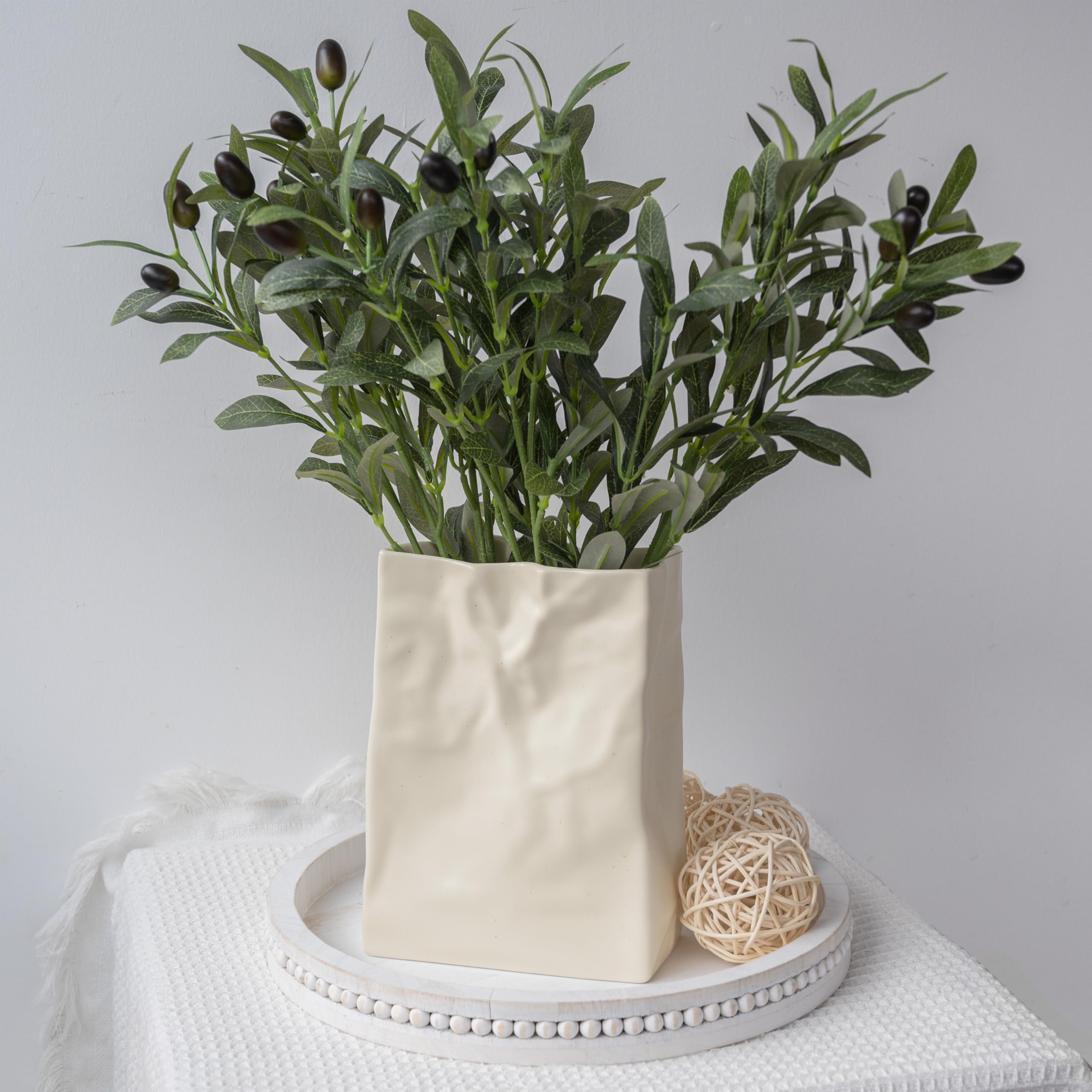 Relexome Paper Bag Vase Crinkle Wide Ceramic Flower Vase Boho Wabi-Sabi Vases, Cute Home Office Living Room Decor Aesthetic Unique Bookshelf Decorative, Bouquet Gifts for Women Girl 8 Inch: Cream White