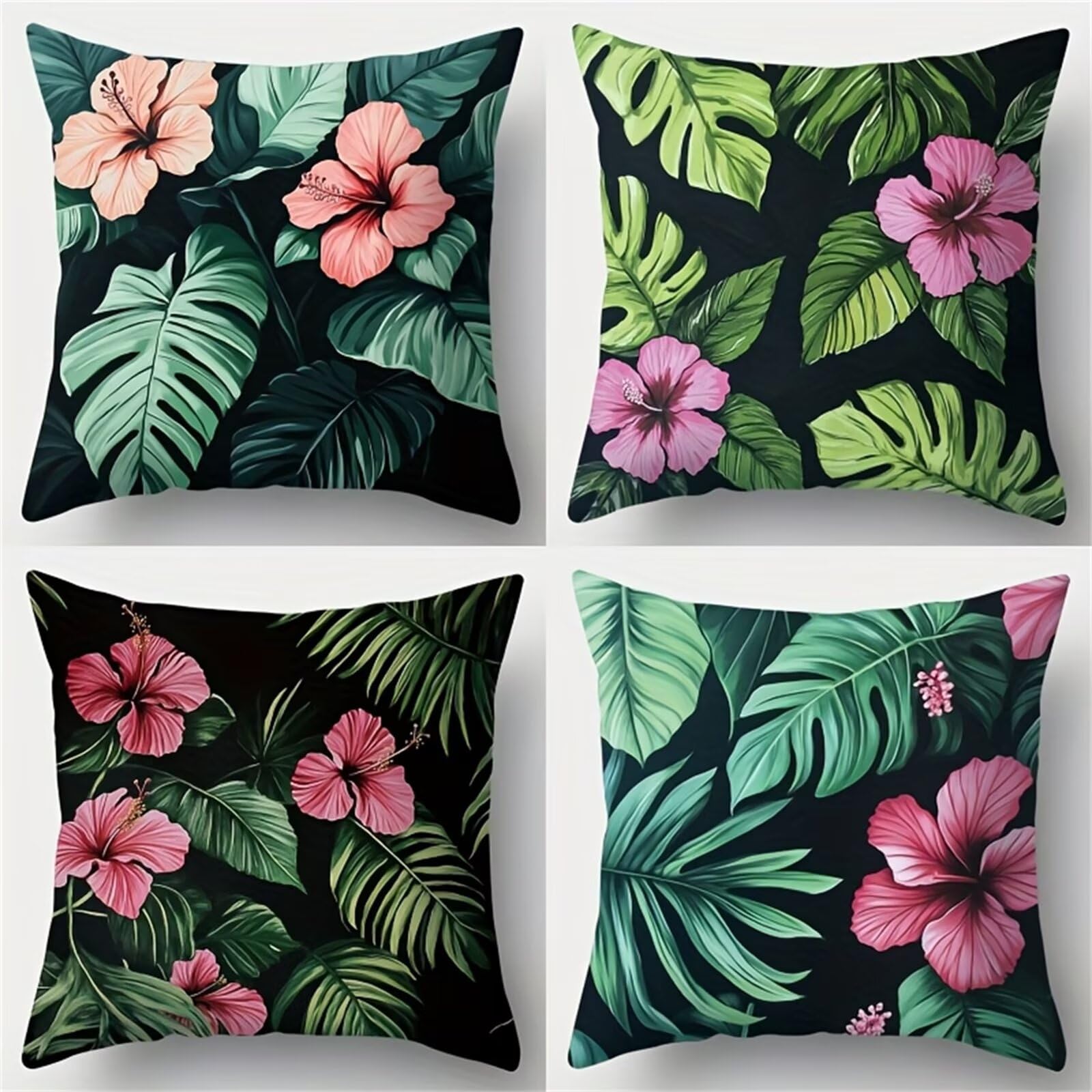 QiHon Pink Flowers Leaves Cushion Covers 45x45 cm Set of 4, Decorative Throw Pillow Cases, 18x18 inch Square Linen Pillowcases for Sofa Living Room Bedroo