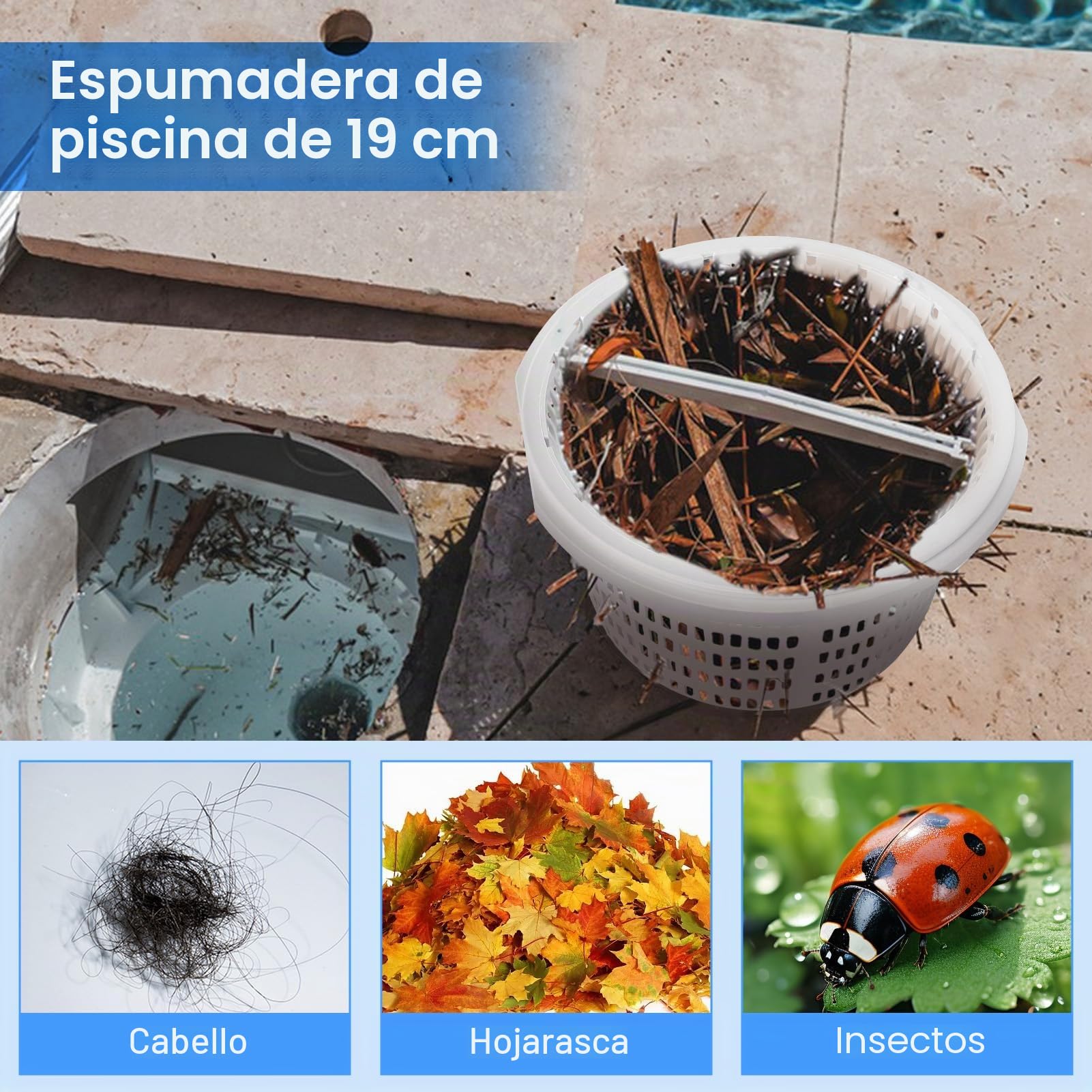 VINGVO Cesta para skimmer, cesta de repuesto para skimmer de piscina, cesta de 18 cm, para skimmer estándar, con asa, resistente al cloro, estable para limpieza de piscinas eficaces, limpieza de ooles