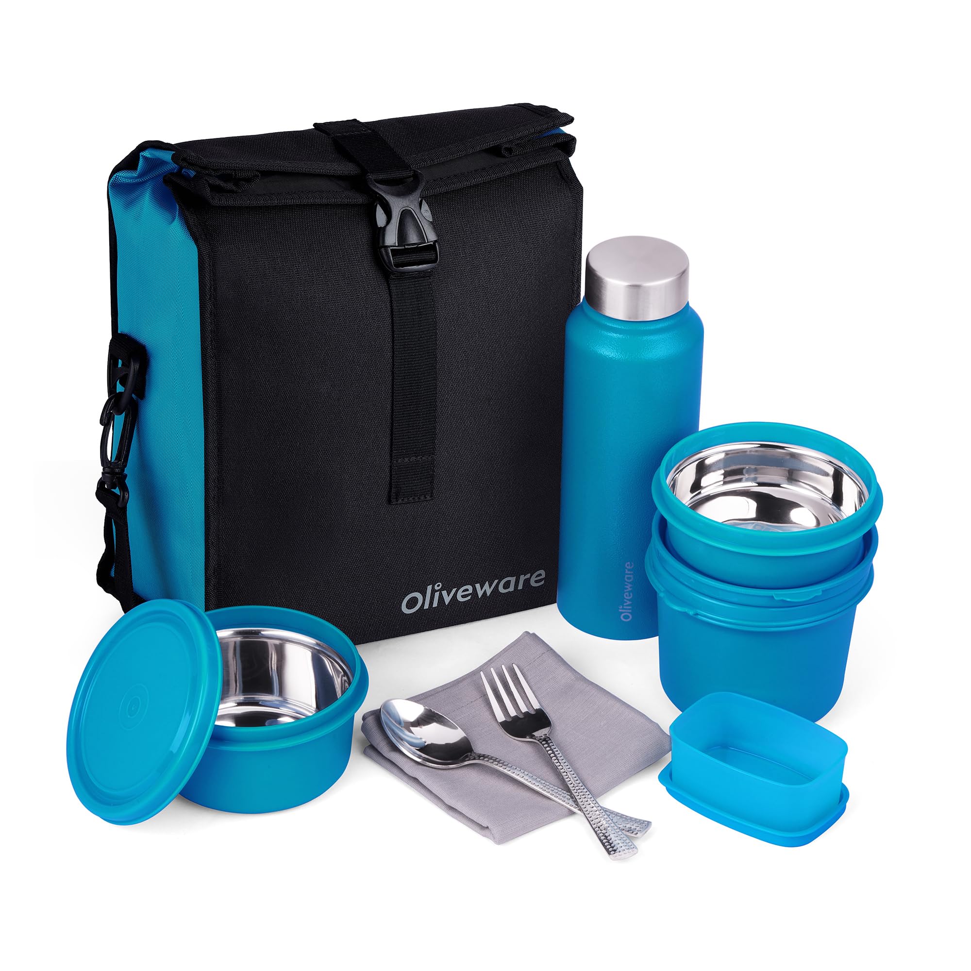 SOPL-OLIVEWARE Teso Pro Elite Lunch Box with Steel Cutlery, BPA free Lids, 3 Microwave Safe Inside Steel Containers (290ml, 450ml & 600ml), Plastic Pickle Box (130ml), Steel Water Bottle(750ml) - Blue