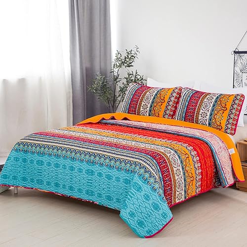 Vista 85 de WONGS BEDDING Juego de edredón bohemio tamaño Queen Aqua, juego de colcha de 3 piezas a rayas, de microfibra ligera y suave bohemia para todas