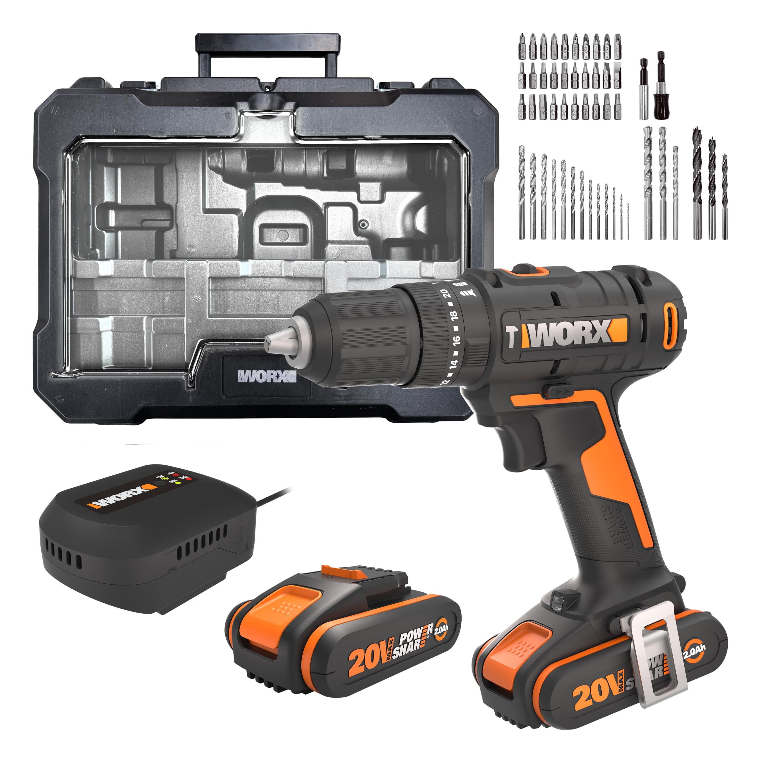 WORX Perceuse à Percussion sans Fil 20V WX370.2, 3 en 1, Couple Max de 50Nm, Mandrin 13mm (Multimatériaux, 2 Vitesses, Légère et Ergonomique, Avec 1 Batterie, Chargeur, Set de 51 Accessoires, etc)