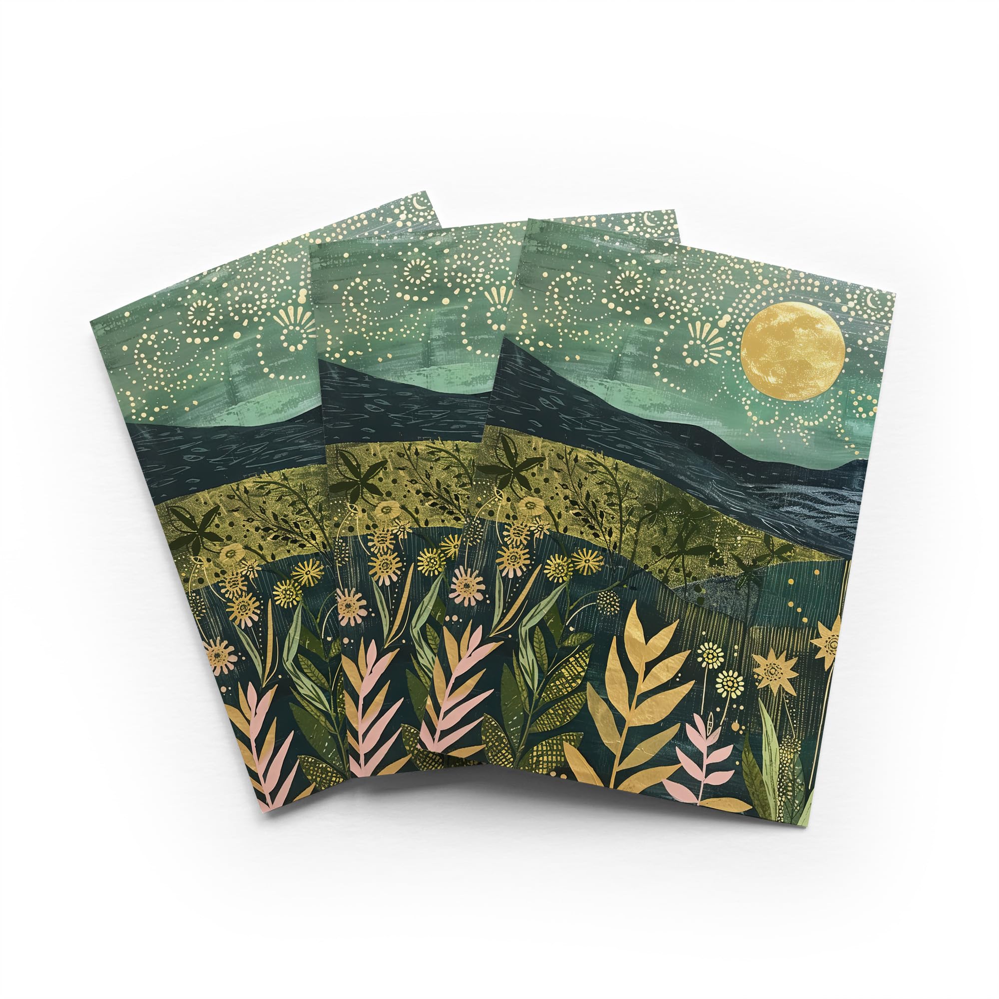 Full Moon Floral Landscape Greeting Card Folk Art Any Occasion Set of 3 Blank Inside 5x7 Inch 13x18 cm