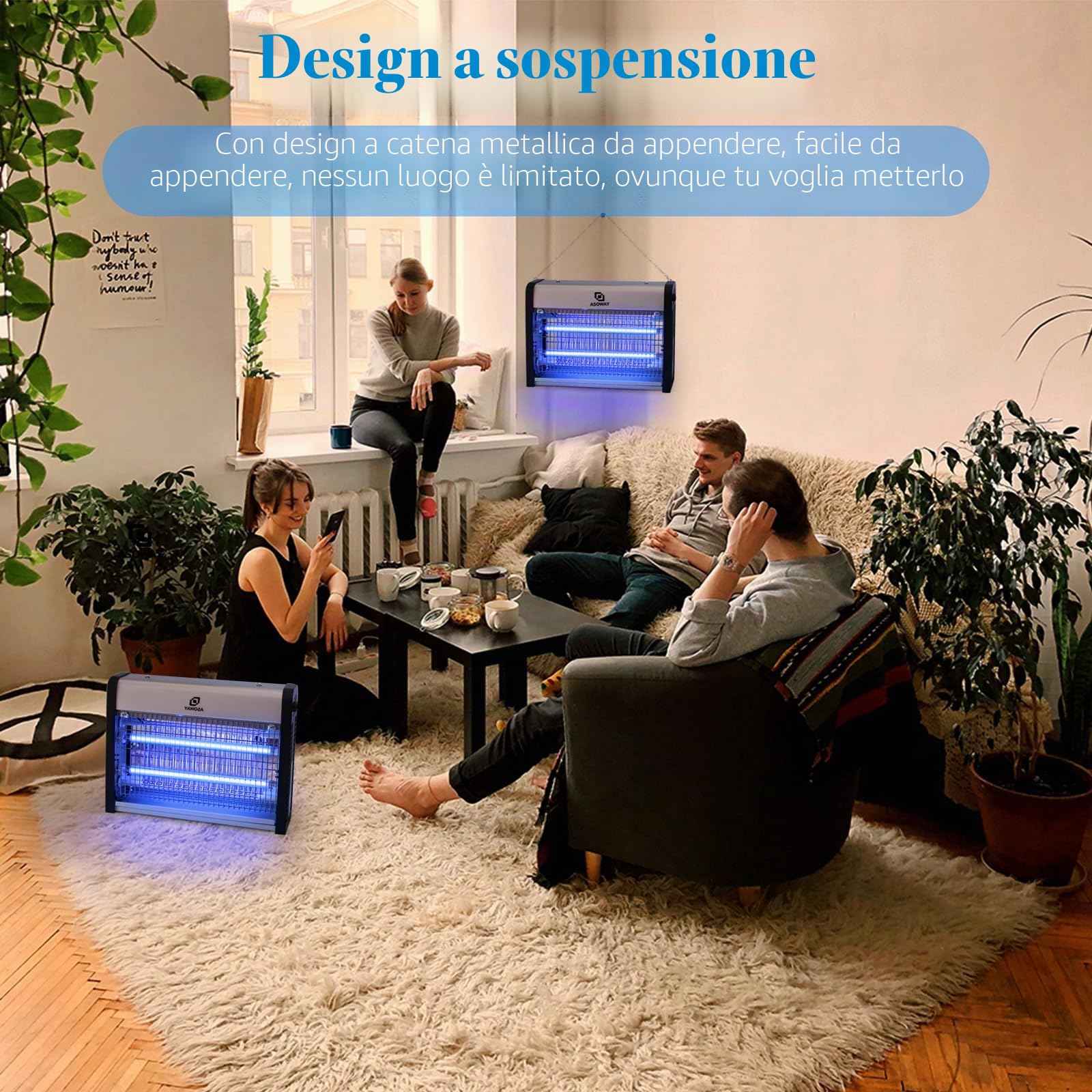 Lampada Antizanzare, Mosquito Killer Lampada con Luce Blu per Mosche e Zanzare, Zanzariera Elettrica Trappola per Zanzare da esterno interno con Catena Sospensione (Argento)