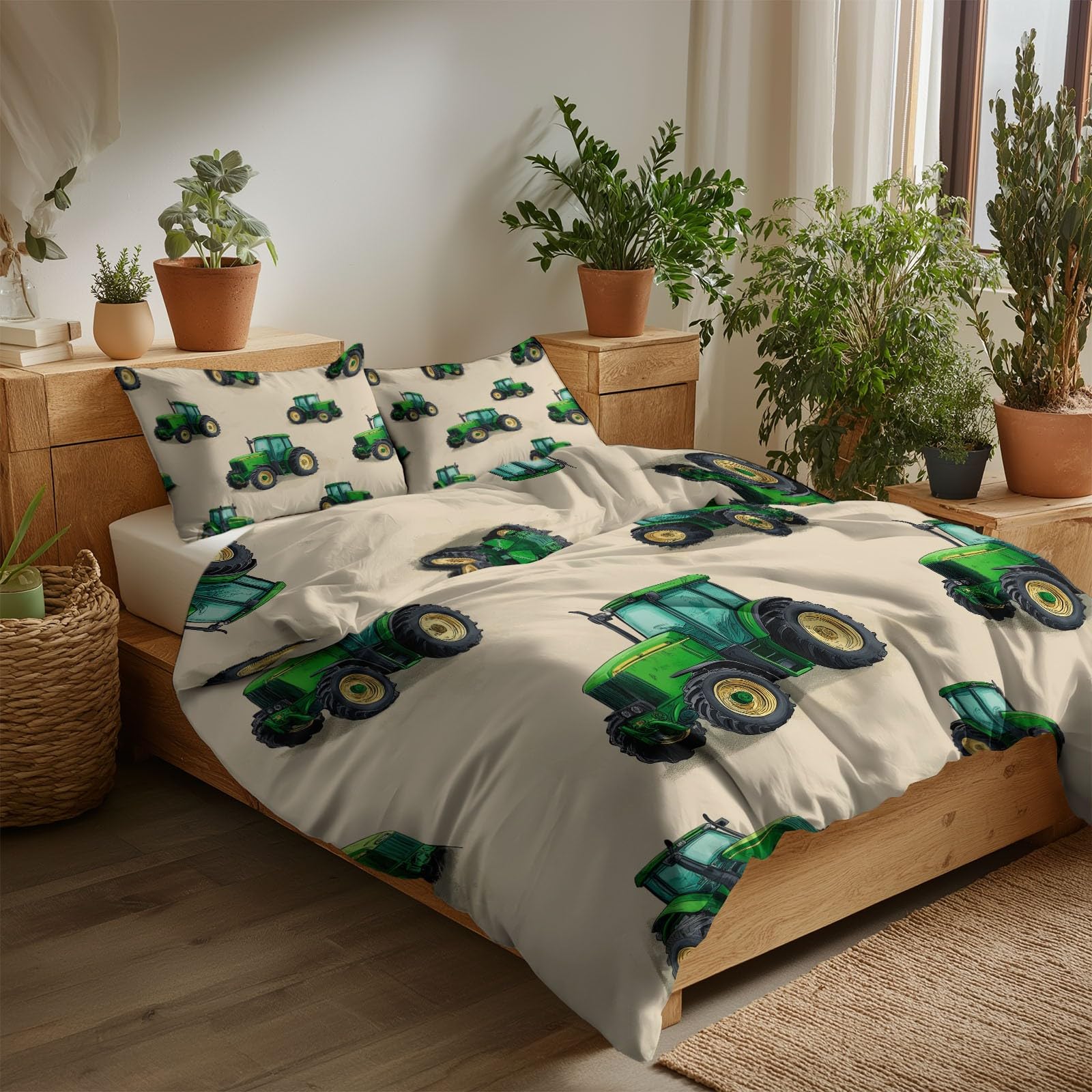 Juego de Funda Nórdica 3 Piezas para Cama 105 - Funda Edredón Reversible 180x220 cm Tractor Verde De Dibujos Animados, Ropa de Cama Beige para Cama Individual y Matrimonio