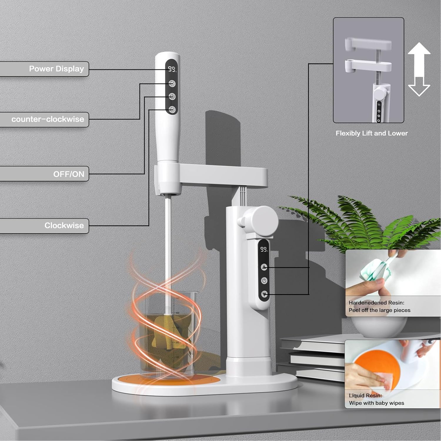 Electric Resin Mixer, 5 Speed Adjustable Bi-Directional Stirring Machine with Support for Resin AB Glue Coatings, Minimizing Bubbles