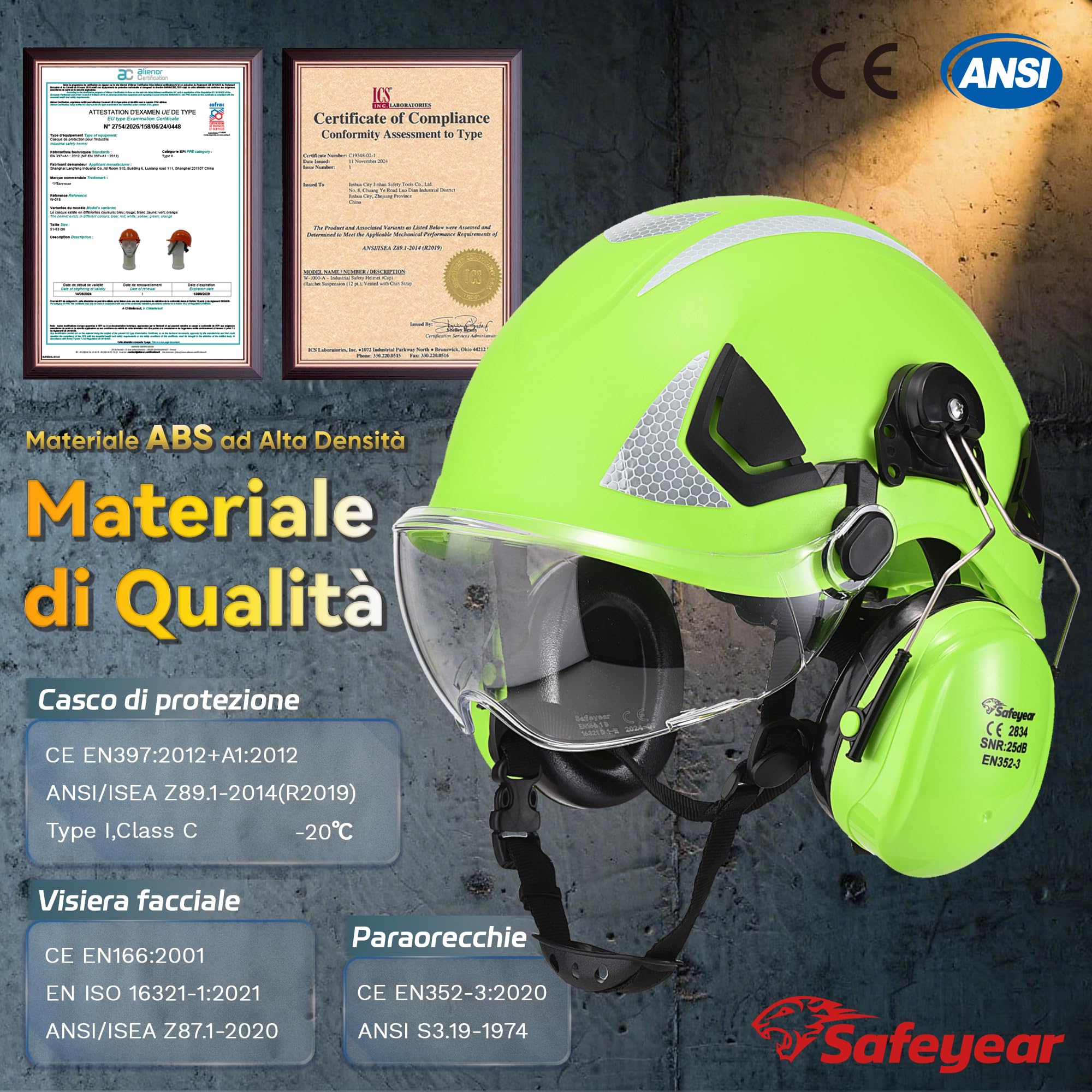 SAFEYEAR Casco protettivo adulto con occhiali antigraffio, paraorecchie, casco di sicurezza ABS EN397, nastro riflettente, fori traspiranti, adatto per lavori e attività all'aperto industriali e vari