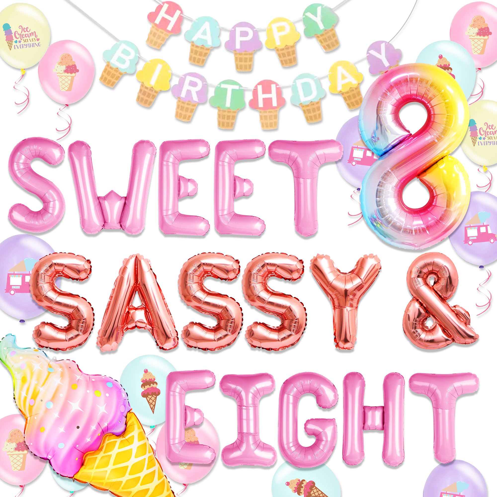 8th Birthday Decorations Sweet Sassy and Eight Birthday Decorations for 8 Year Old Girl Ice Cream Theme Party Supplies with Backdrop Balloons Sweets