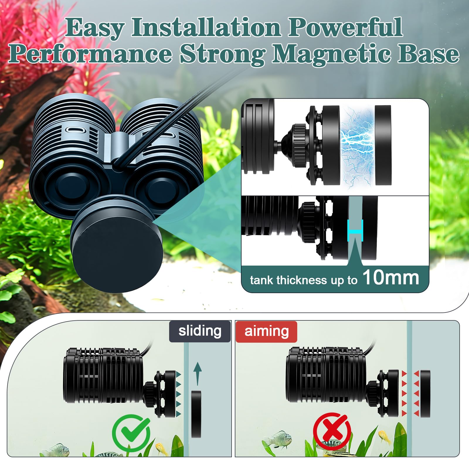 hygger 6000LPH Double Head Bomba de Flujo para Acuario, 7W Bomba de Circulación con Base de Succión Magnética Potente, 360 ​​Grados Cabezal Wave Maker para Acuarios de 151-303L Agua