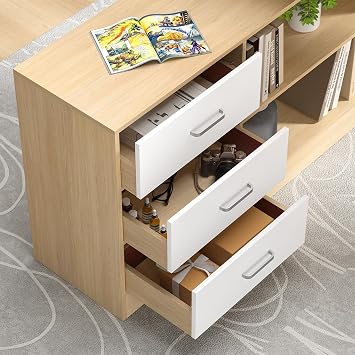 Large L-Shaped Office Desk, Writing Desk, Corner Computer Desk with 3 Drawers and 2 Shelves, Workstation Executive Home Office Desks with Storage Shelf (Wood)