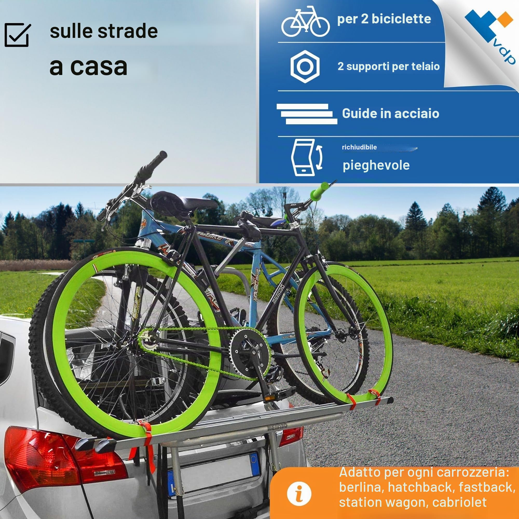 Menabo STEELBIKE portabici posteriore per 2 biciclette, fissaggio con cinghie
