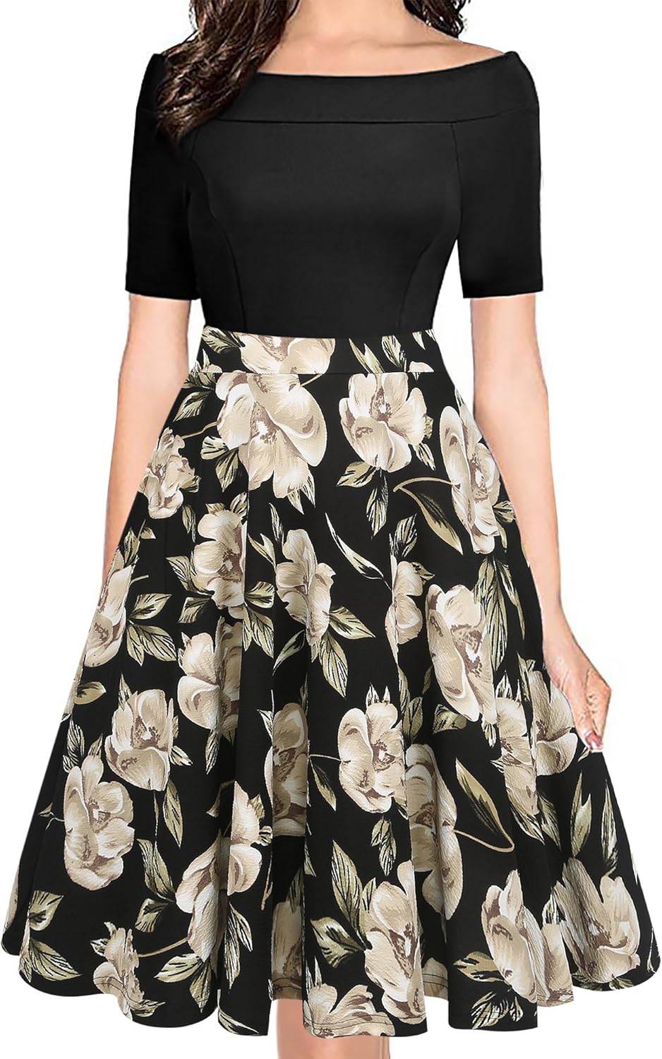 oxiuly Women's Vintage Off Shoulder Pockets Casual Floral A-Line Party Cocktail Swing Dress OX232