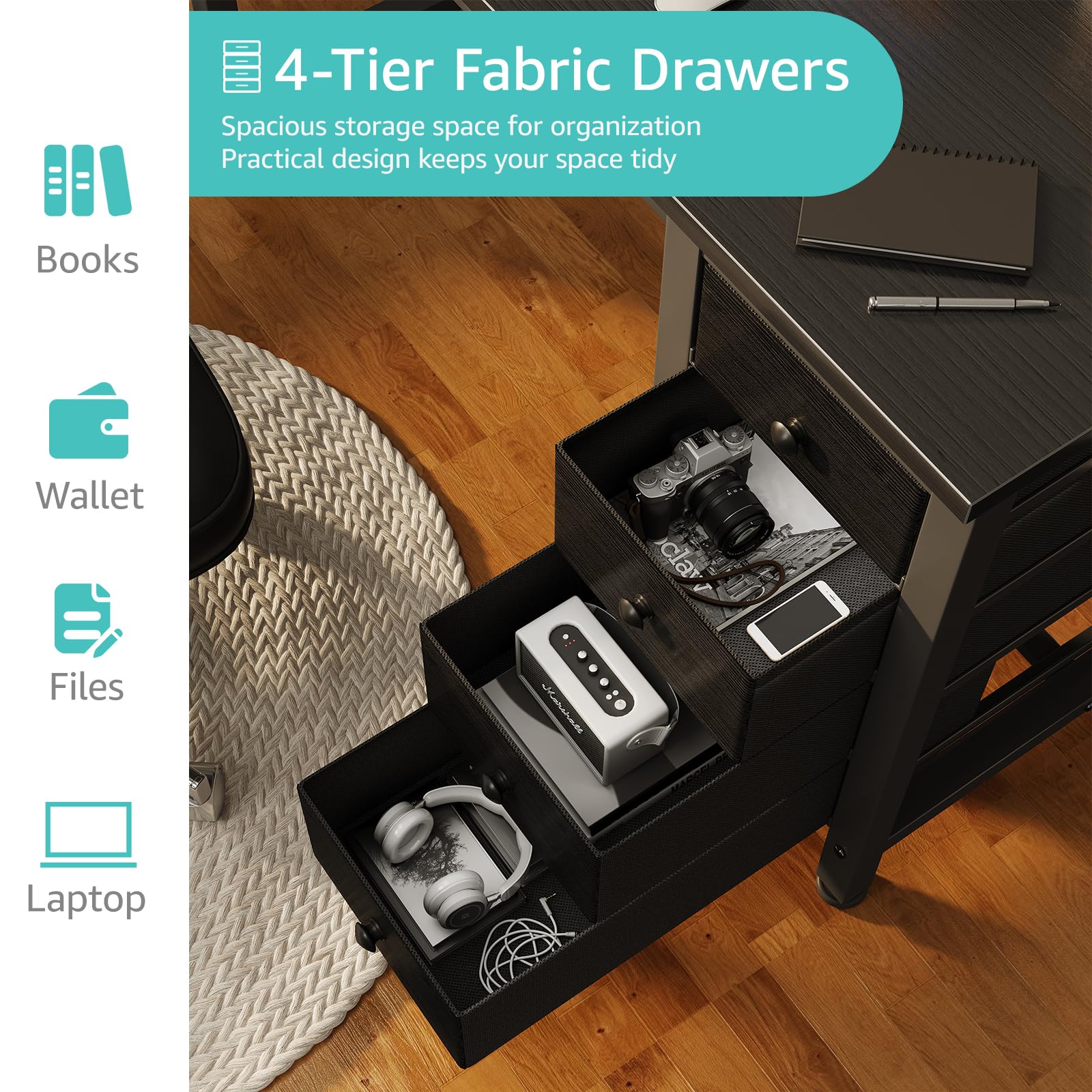 Lufeiya Small Gaming Desk with 4 Fabric Drawers, 40 Inch Kids Girls Teen Cute Study Desk for Bedroom, Reversible Work Computer Writing Table Desks for Small Space Home Office, Black