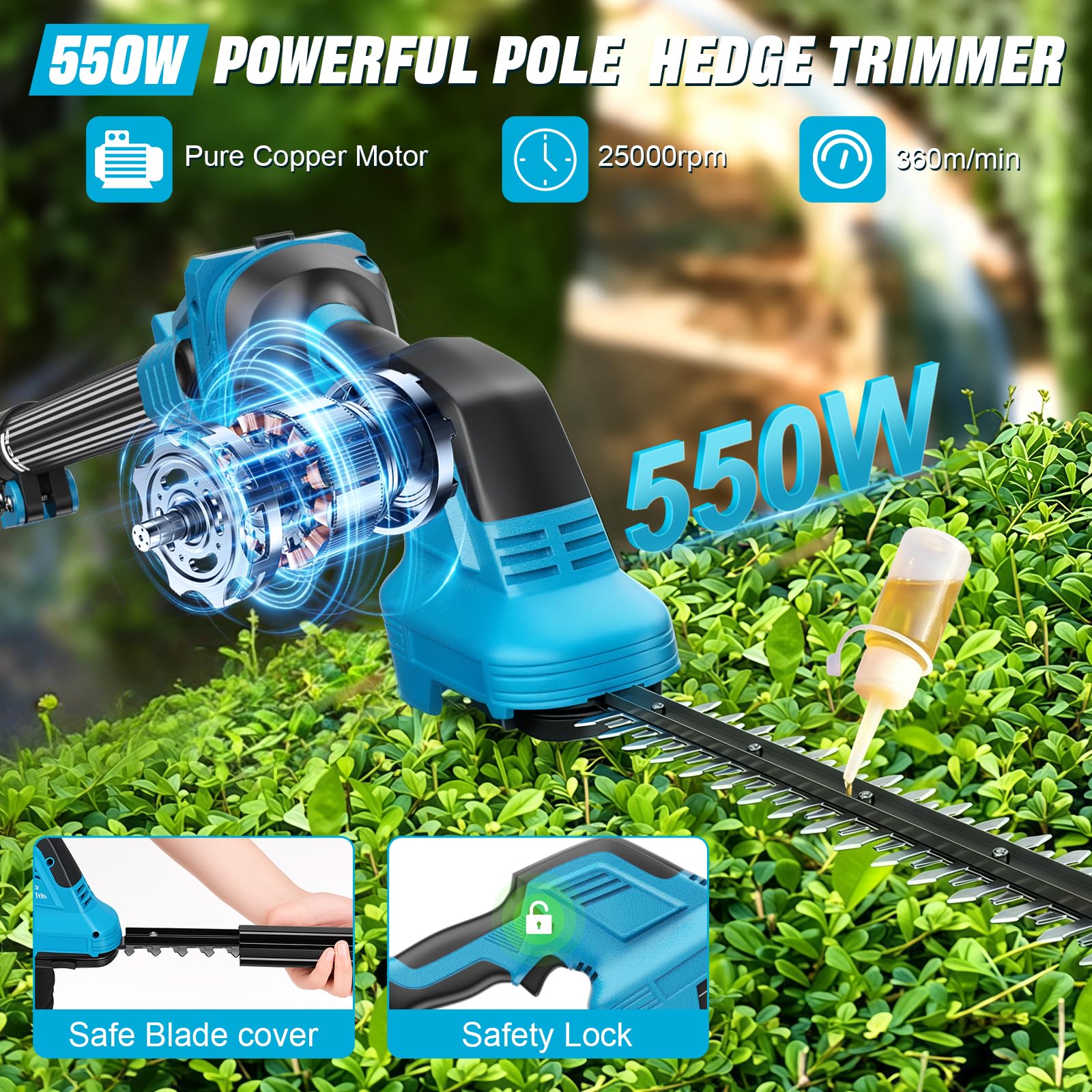 Taille Haie Telescopique Batterie sans Fil avec Perche 2 en 1, Élagueuse sur Perche avec Moteur de 550 W 2 Batteries Taille Haies Électrique, Angle Réglable, Idéal Jardin Verger Taille Haie