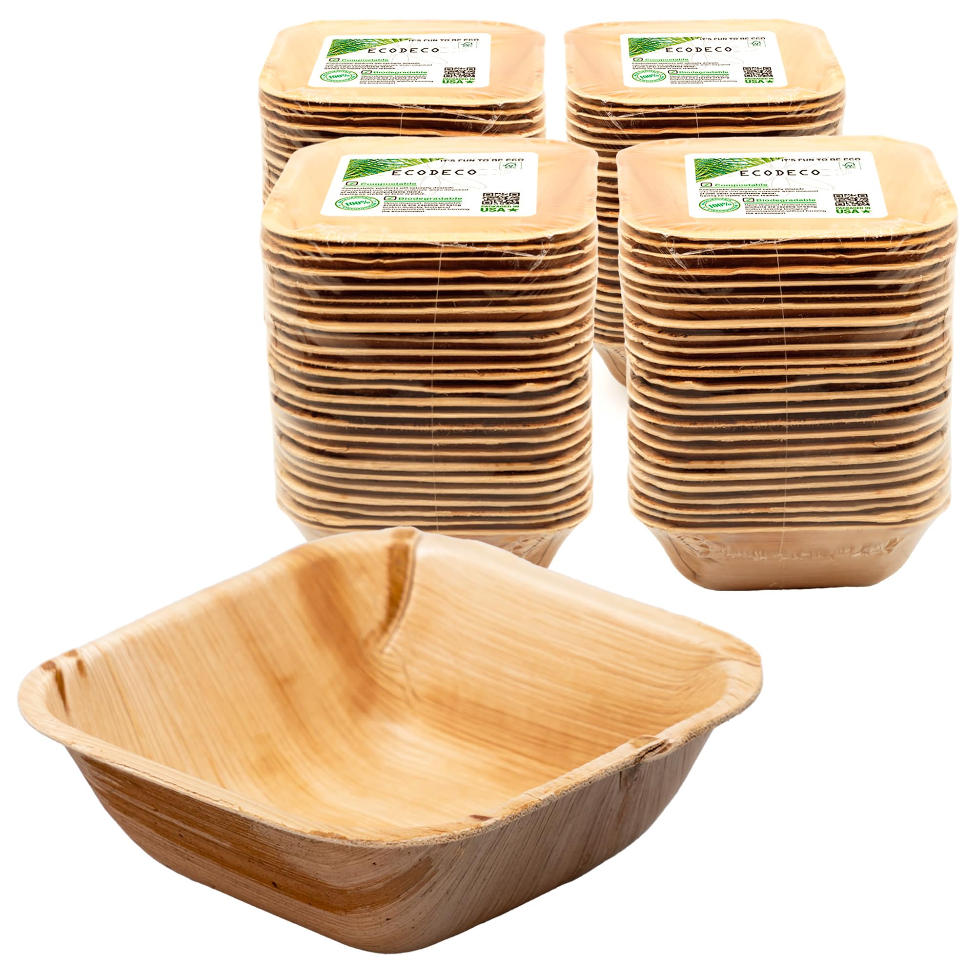 ECODECO Palm Leaf Square Bowls - 100 Natural 5-Inch Disposable Like Bamboo Party Plates