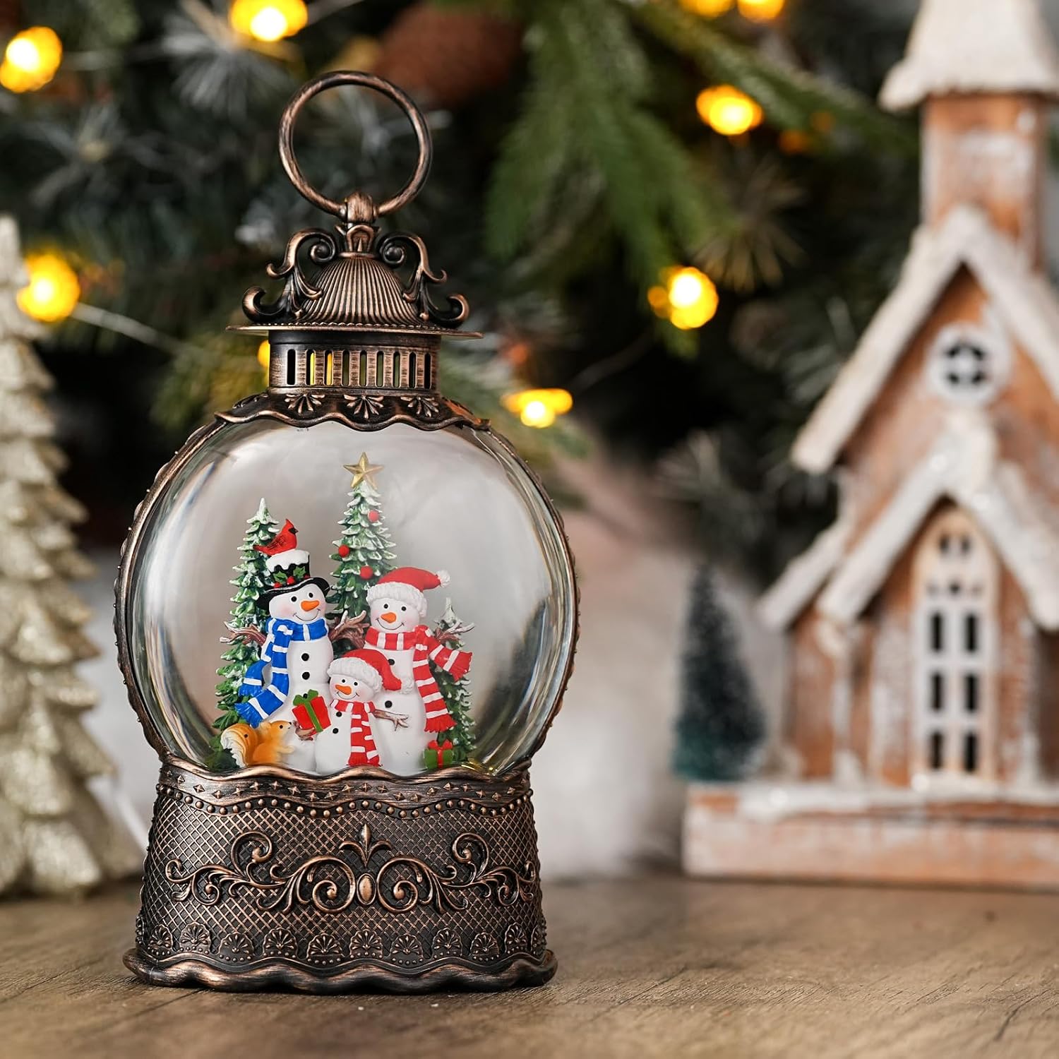Snow Globe with Snowman Family, Light Up Christmas Snow Globes with Music Timer - USB Plug or Battery Operated Glitter Globe Indoor Christmas Decorations