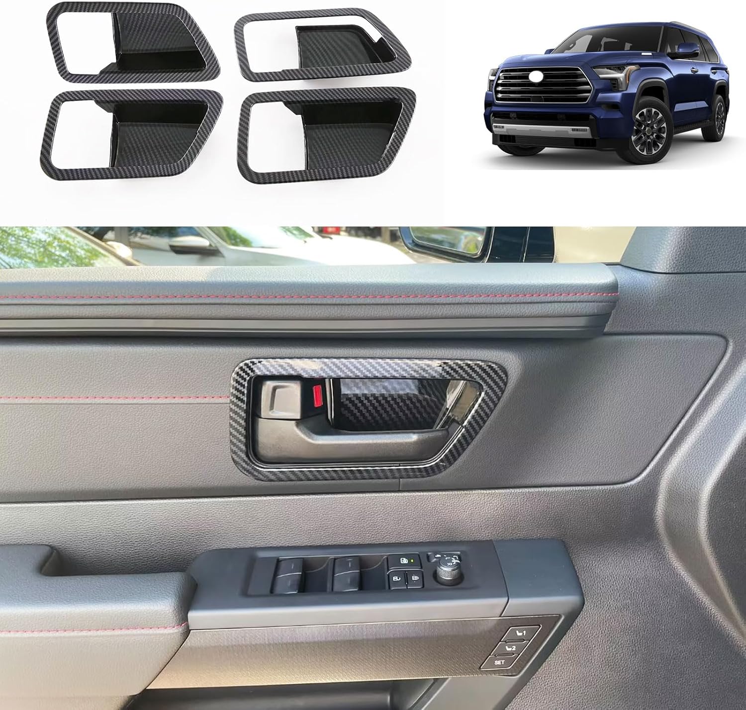 Car Accessories Compatible with Toyota Sequoia 2023 2024 2025 2026 Door Handle Bowl Cover Trim Interior Frame Molding Protection Carbon Fiber Style ABS 4PCS