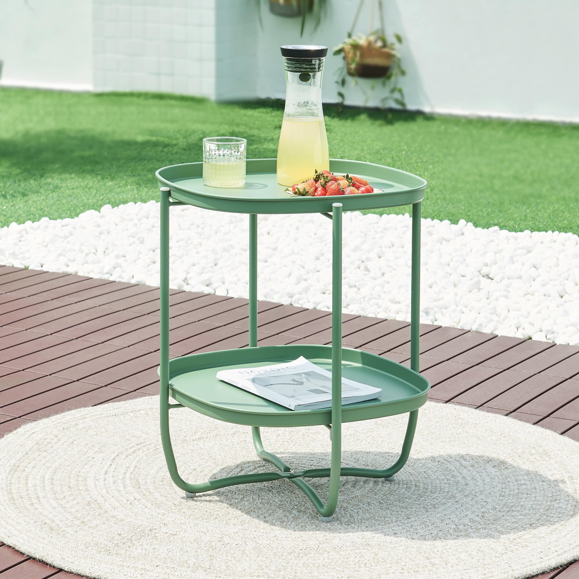 [en.casa] Mesita de Jardín Sandefjord Mesa de Café de Patio con 2 Bandejas Extraíbles Estilo Moderno Mueble de Jardín Terraza Balcón Acero 57,5 x 46 x 46 cm - Verde