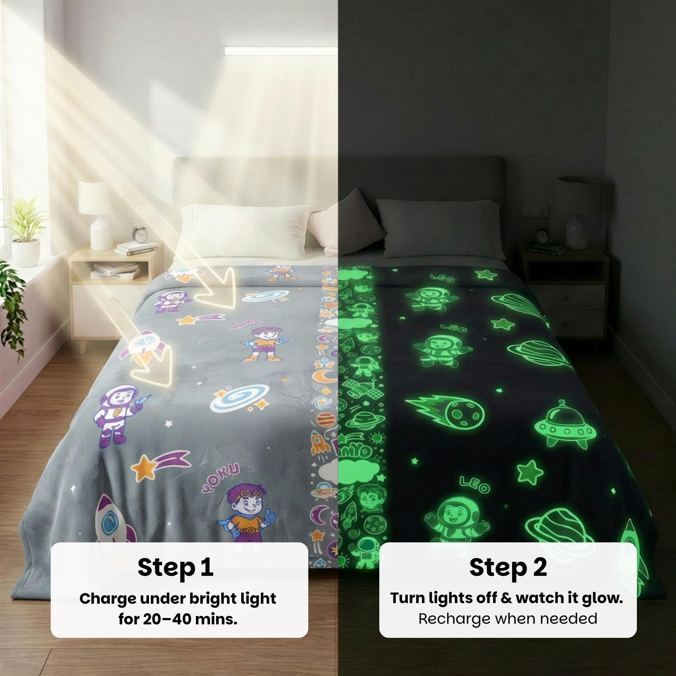 Famyo® GlowMaxx Kids Blanket | Soft Flannel Glow in Dark Blanket – Leo the Astro | AC Blanket for Kids | Summer Blanket 200×152 cm | | Double Bed | 0–15 Yrs | Lab-Tested Safe (Grey) 2