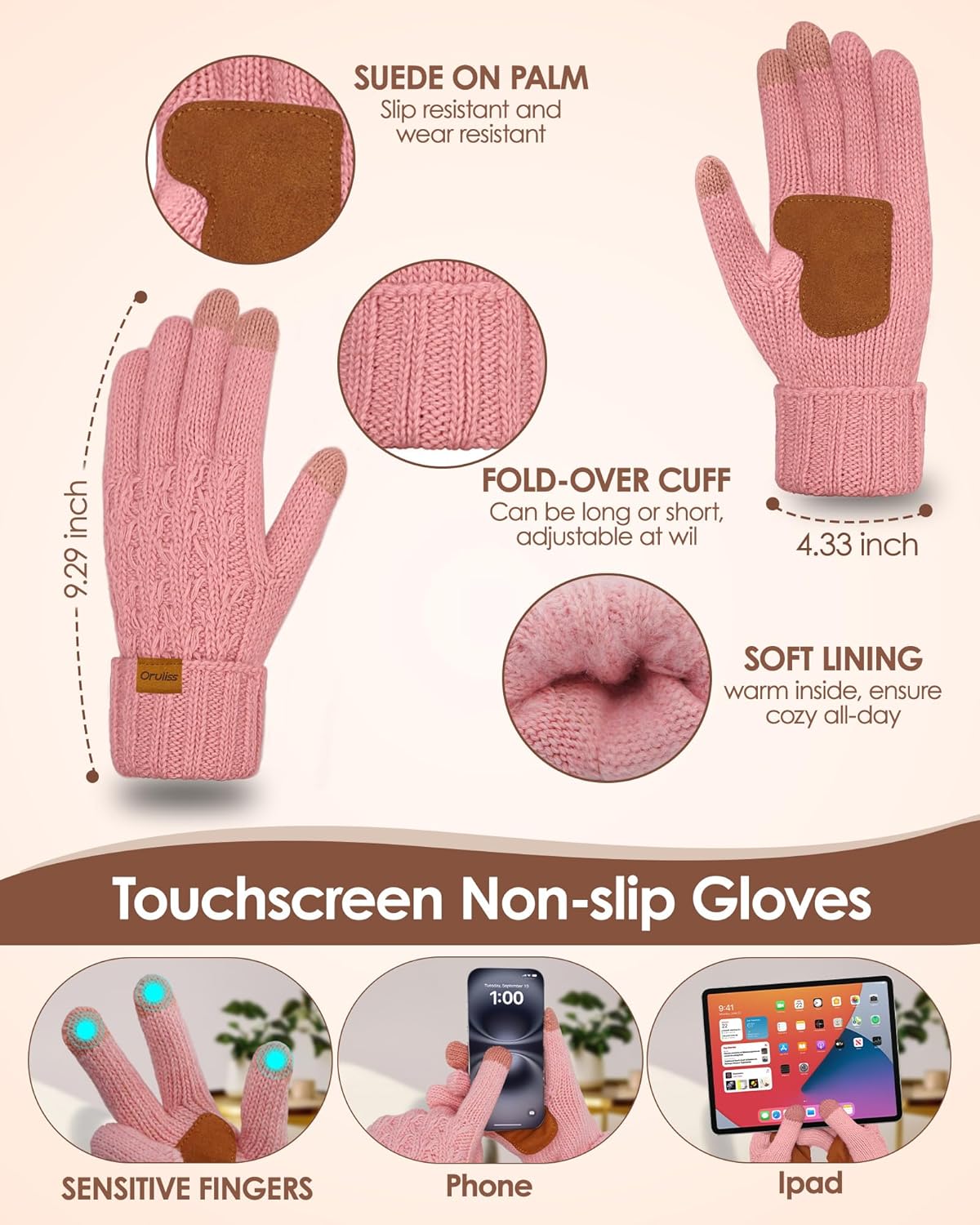 Womens Winter Beanie Hat Scarf Gloves Set, Fleece Lined Knitted Hat with Pompom Long Scarf Touchscreen Mittens for Women Men - Image 3