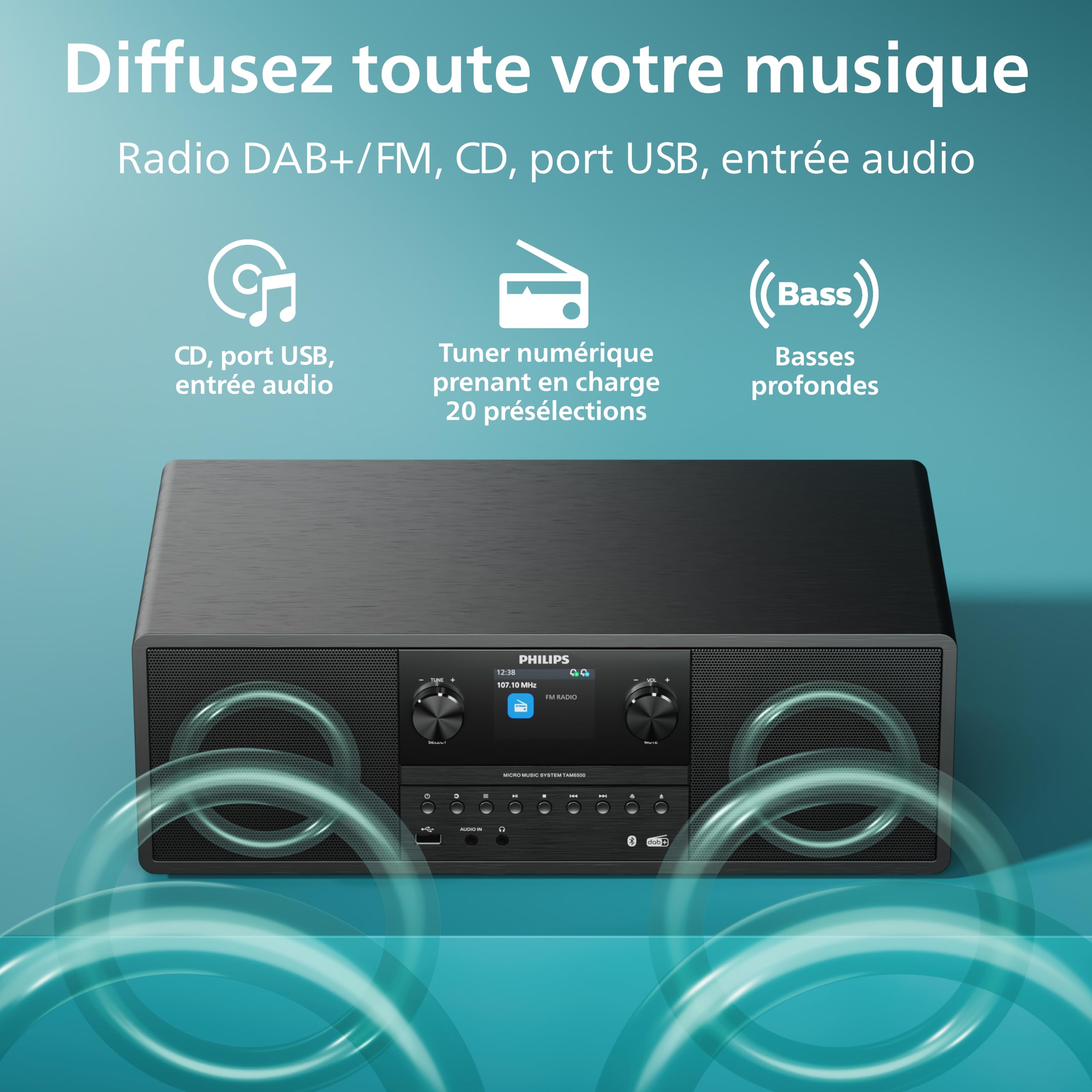 Philips TAM6500/10 Micro‑chaîne Musicale 100 Watts, Bluetooth 6.0, Auracast, Radio Dab+/FM, CD/USB/entrée Audio, Haut‑parleurs Bass‑Reflex, écran Couleur, télécommande, Plastique recyclé, Noir