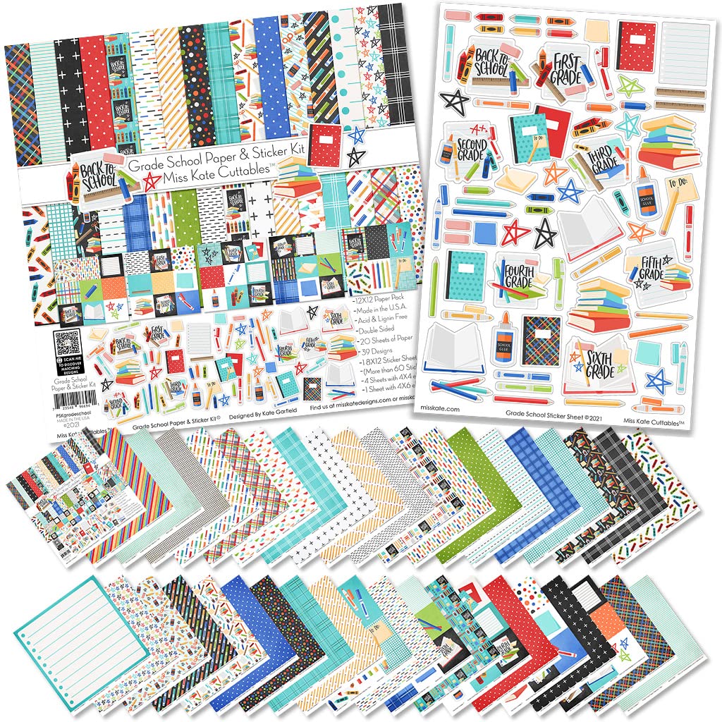 Miss Kate Cuttables Paper & Sticker Kit - Grade School - 20 Double-Sided 12x12 Papers with 39 Designs & 1 8X12 Sticker Sheet - Scrapbooking Card Making Crafting