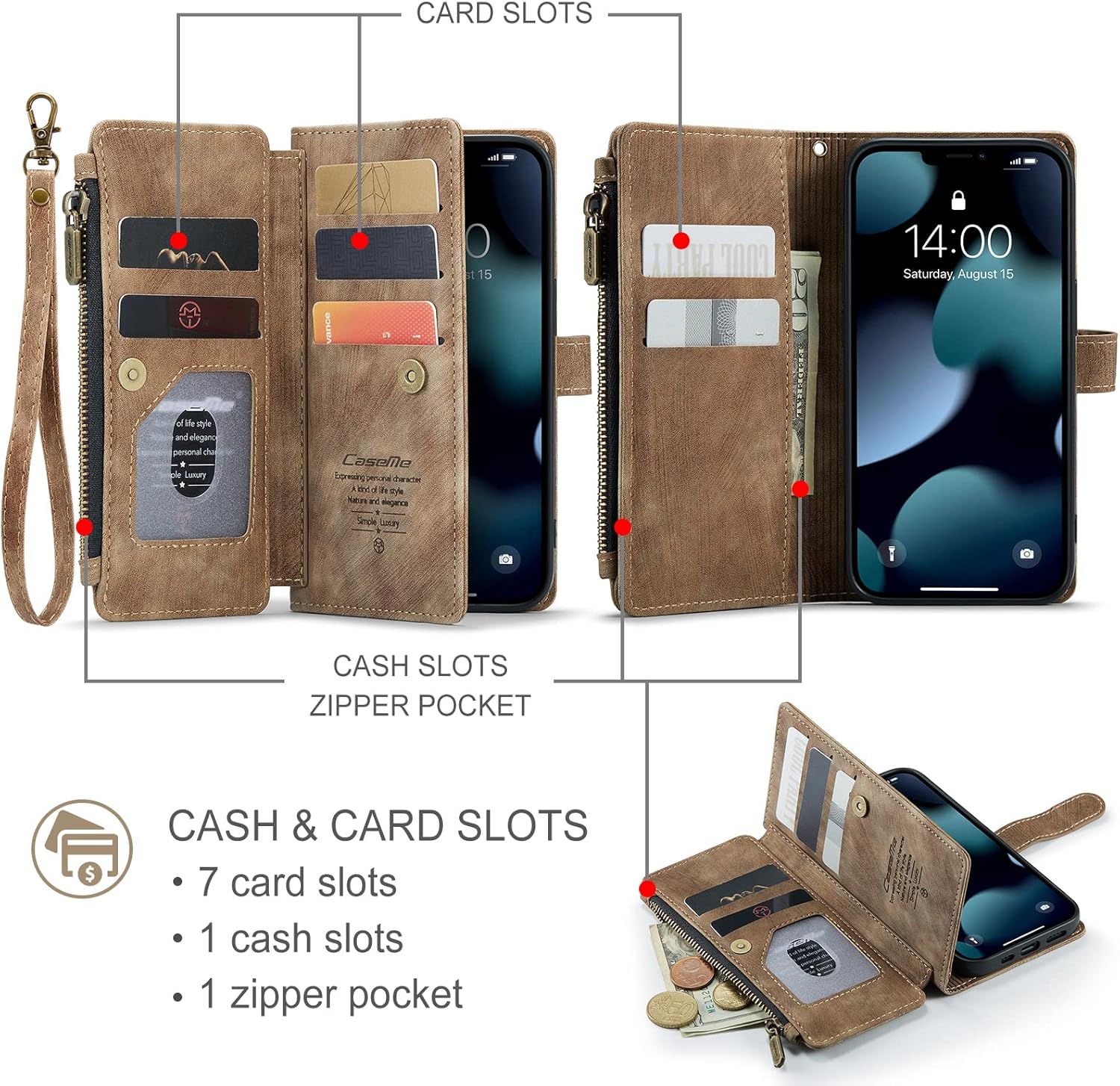 iPhone 13 5G Wallet Case with Card Holder Kickstand Magnetic Zipper Pocket Lanyard Strap Wristlet,Leather Flip Case Wallet for iPhone 13 5G 6.1 Inch(Brown) - Image 2