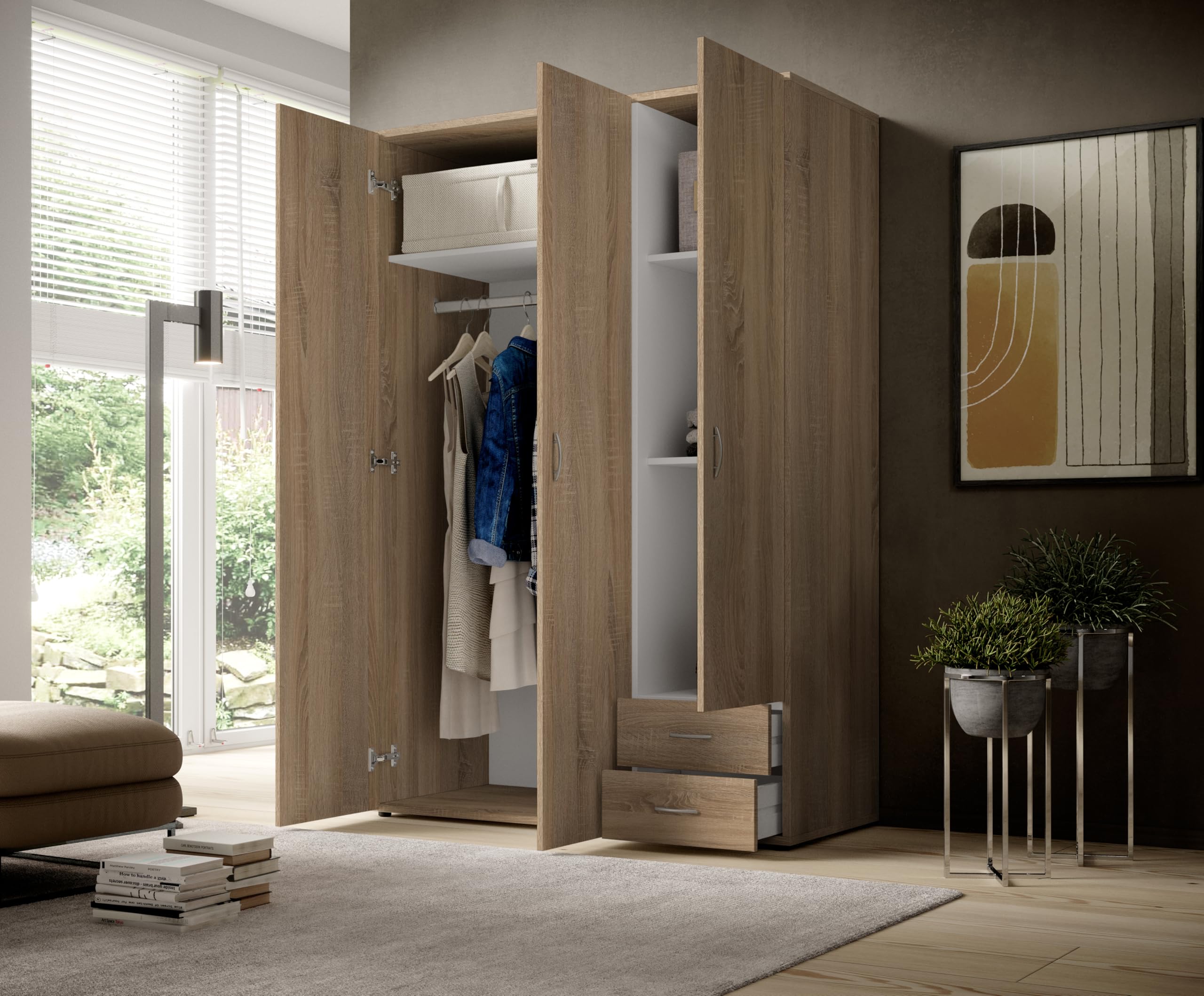 Armadio Guardaroba 3 Ante e 2 Cassetti | Armadio Camera da Letto Moderno 121x177x51 cm (LxHxP) | Ampio Spazio Organizzativo con Barra Appendiabiti | Colore Rovere