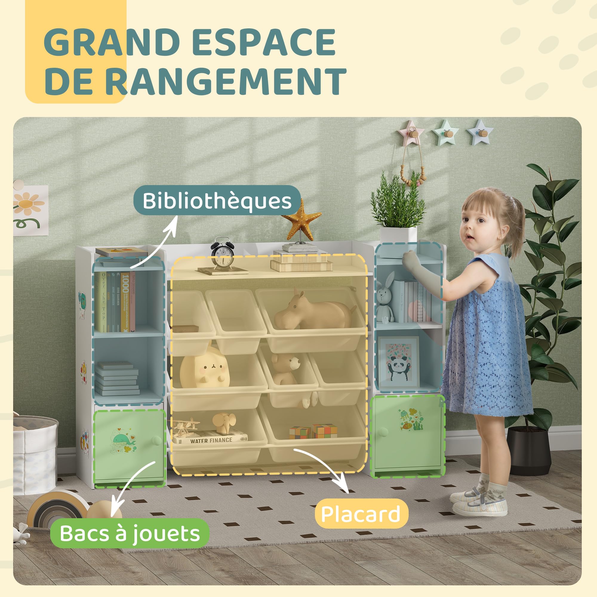 AIYAPLAY Meuble Rangement Enfant à 4 Niveaux, 8 Bacs Amovibles Blanc | Étagère de Rangement pour Jouets Enfants, Placards, Compartiments Ouverts, Chambre d'Enfant, Salle de Jeux, Garderie