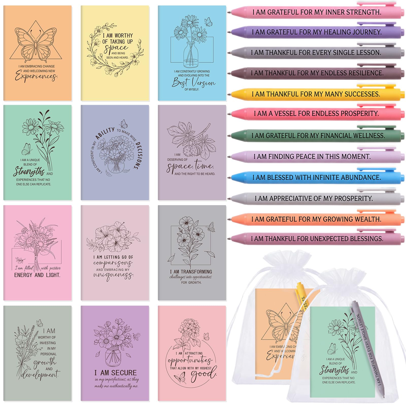 Mooliwe 24 Pcs Affirmation Notebooks Pens Bulk Gifts, Gratitude,Pastel