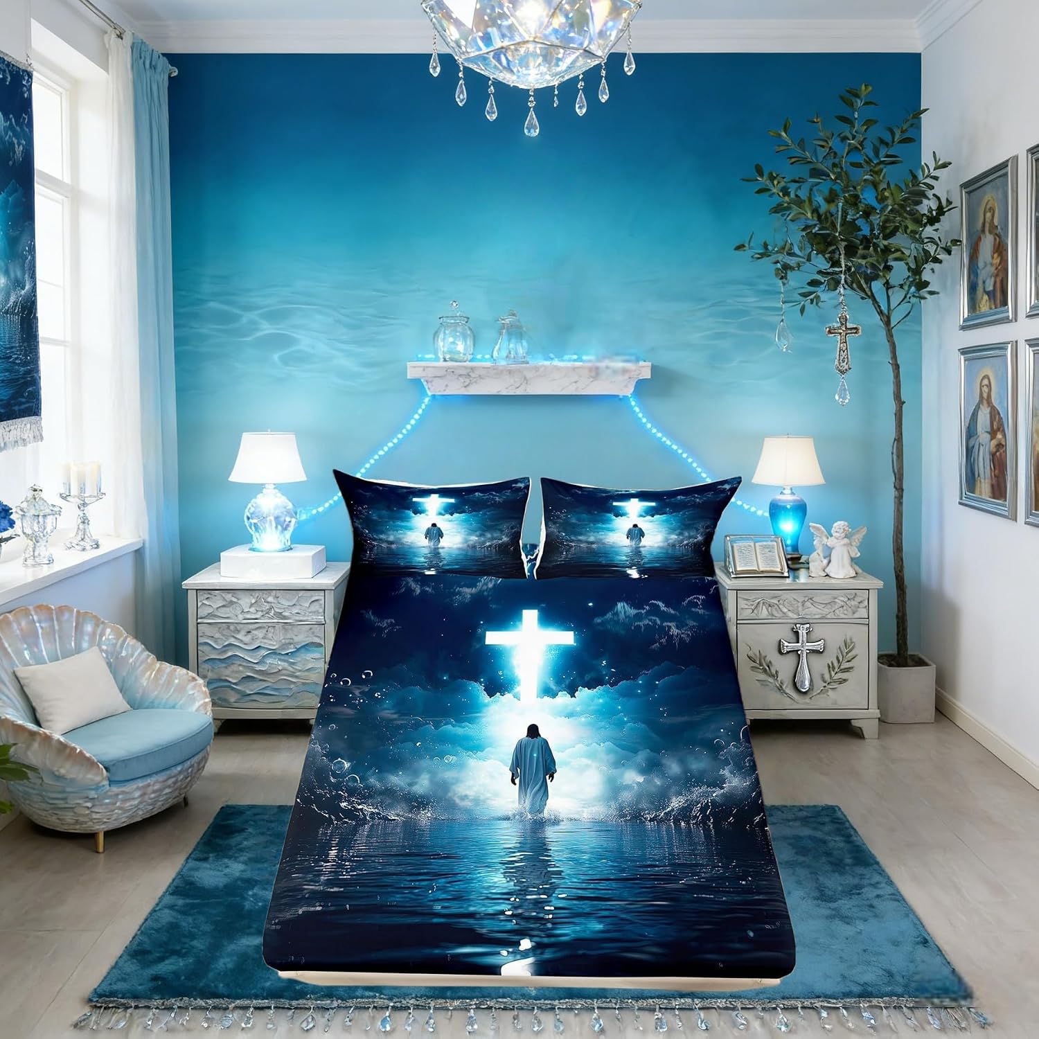 Western Boys Girls Bed Sheets,God Walking on Water Spiritual Room Decor,Biblical Divine Light Kids Twin Size Fitted Sheet,Dark Blue Bedding Set,1 Pillowcase(No Flat)