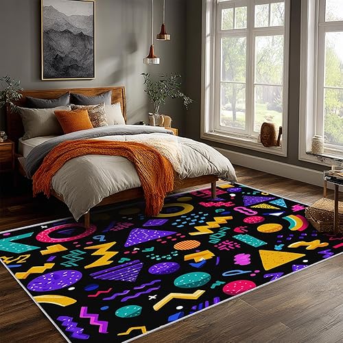 Miniatura 60 de Alfombra retro de los años 70, alfombras de área de 6 x 8 pies, patrón geométrico moderno de mediados de siglo, para sala de estar, dormitorio,