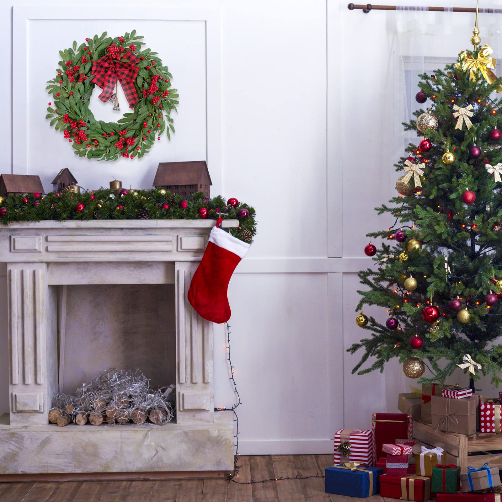 Ghirlanda di oliva di Natale per porta d'ingresso di Natale Red Berry Ghirlanda di foglie di fiocco invernale con bacche rosse e Jingle Bell Farmhouse Front Door Corona