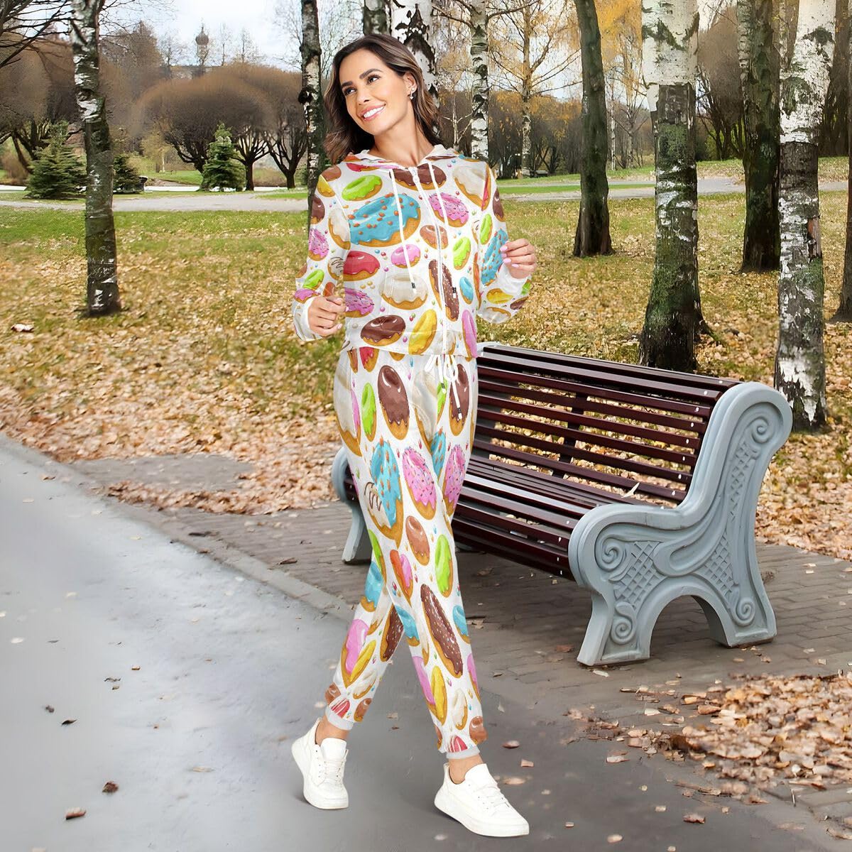 Conjunto deportivo de 2 piezas para mujer, conjunto deportivo de manga larga con estampado de donas esmaltadas coloridas, conjunto deportivo de dona