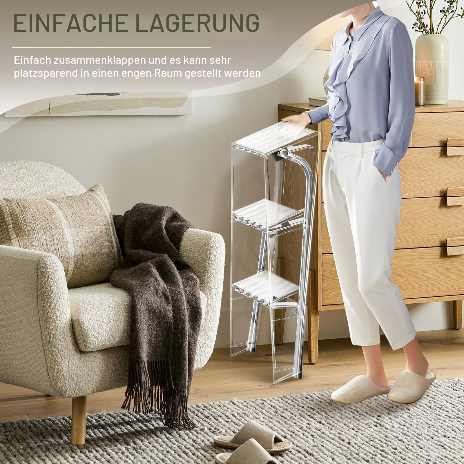 Faltbare Trittleiter 3 Stufen aus Acryl, Klappbarer Transparent Leiter klappbar, Zierpflanzen Tritthocker für Küche, Garage Büro | Fußhocker mit rutschfesten Stufen, modernes dekoratives Präsentationsregal, Pflanzenständer, Foto-Requisiten